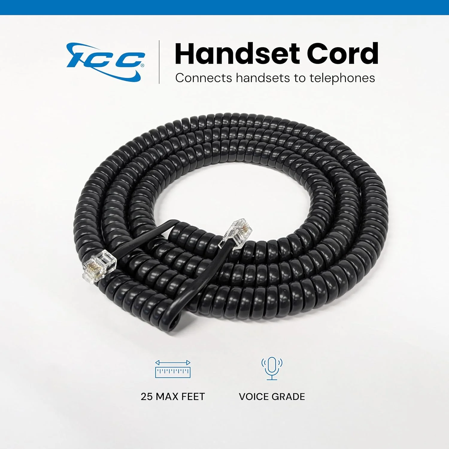 سیم گوشی تلفن ICC، 7.6 متر - کانکتورهای RJ9 (RJ22)، مشکی براق، بسته 5 عددی - طراحی فنری و بدون گره برای تلفن های PBX و VoIP سیم گوشی تلفن ICC، 7.6 متر - کانکتورهای RJ9 (RJ22)، مشکی براق، بسته 5 عددی - طراحی فنری و بدون گره برای تلفن های PBX و VoIP