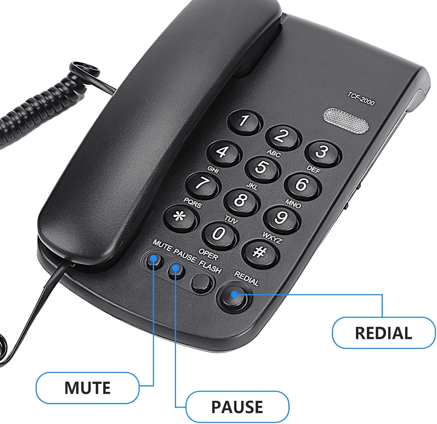 تلفن رومیزی سیم دار Uvital، حالت P/T، قطع صدا، مکث، شماره گیری مجدد، فلاش، زنگ (بالا و پایین)، قفل مکانیکی، نشانگر نور تماس (مشکی)