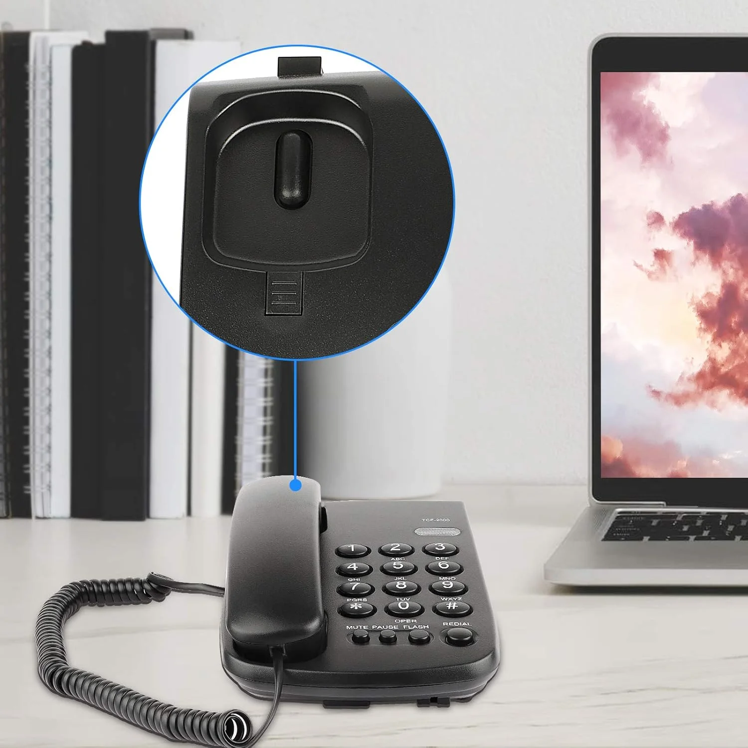 تلفن رومیزی سیم دار Uvital، حالت P/T، قطع صدا، مکث، شماره گیری مجدد، فلاش، زنگ (بالا و پایین)، قفل مکانیکی، نشانگر نور تماس (مشکی)