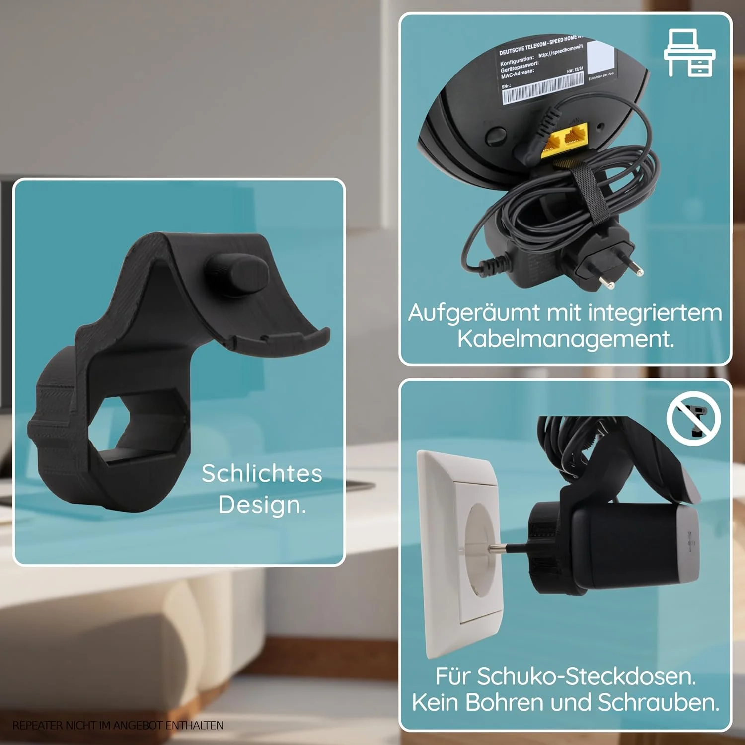 نگهدارنده دیواری سه بعدی مناسب برای سوکت تکرار کننده WLAN خانگی تلکام بدون نیاز به سوراخکاری به همراه مدیریت کابل