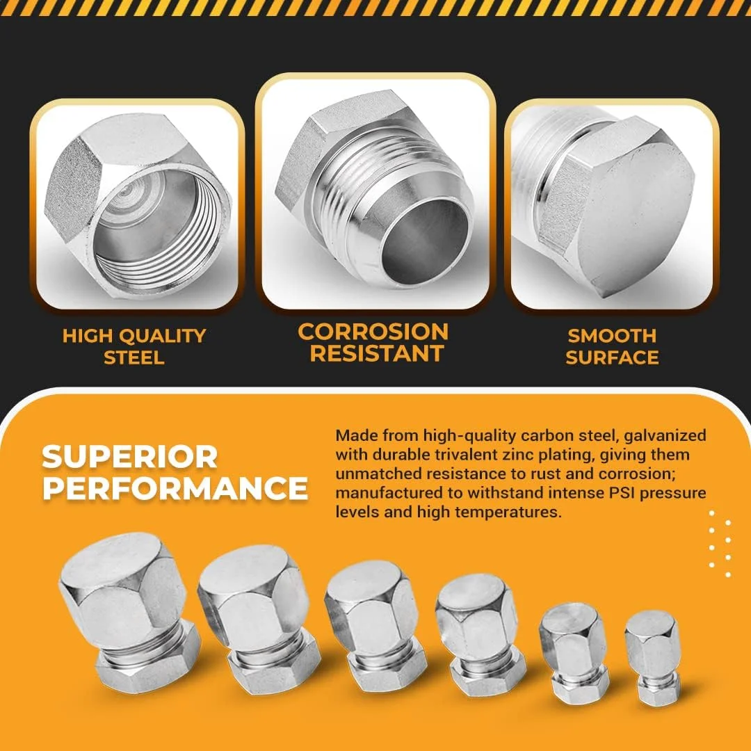 مجموعه 64 عددی درپوش و پلاگ رزوه ای 37 درجه JIC، مجموعه آداپتور آب بندی برای لوله و شیلنگ هیدرولیک، اتصالات SAE AN، فولاد کربنی گالوانیزه با رزوه دقیق، سایزهای دش 4 6 8 10 12 16