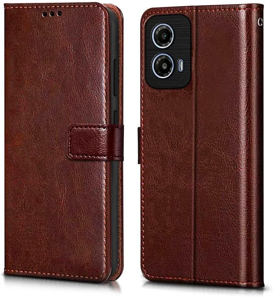 تقویت کننده WiFi آبنیکو برای موتورولا موتو G34 5G | روکش چرمی و طراحی پایه انعطاف پذیر | دارای جای کارت و پول | قهوه ای