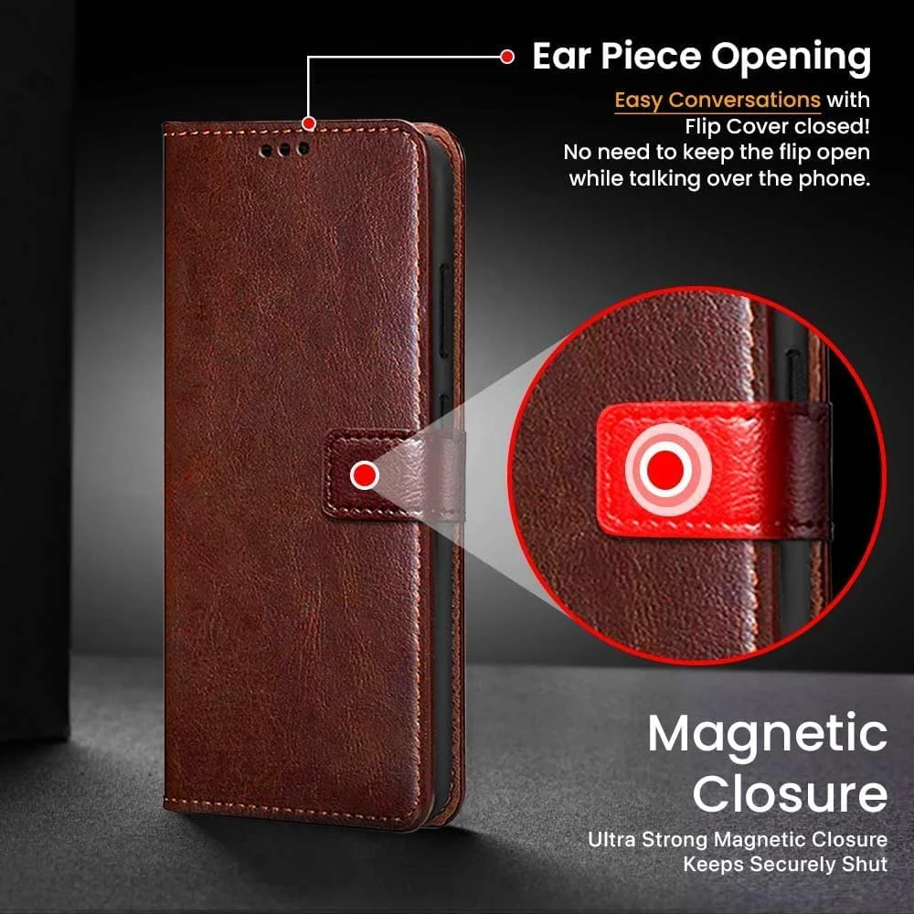 تقویت کننده WiFi آبنیکو برای موتورولا موتو G34 5G | روکش چرمی و طراحی پایه انعطاف پذیر | دارای جای کارت و پول | قهوه ای