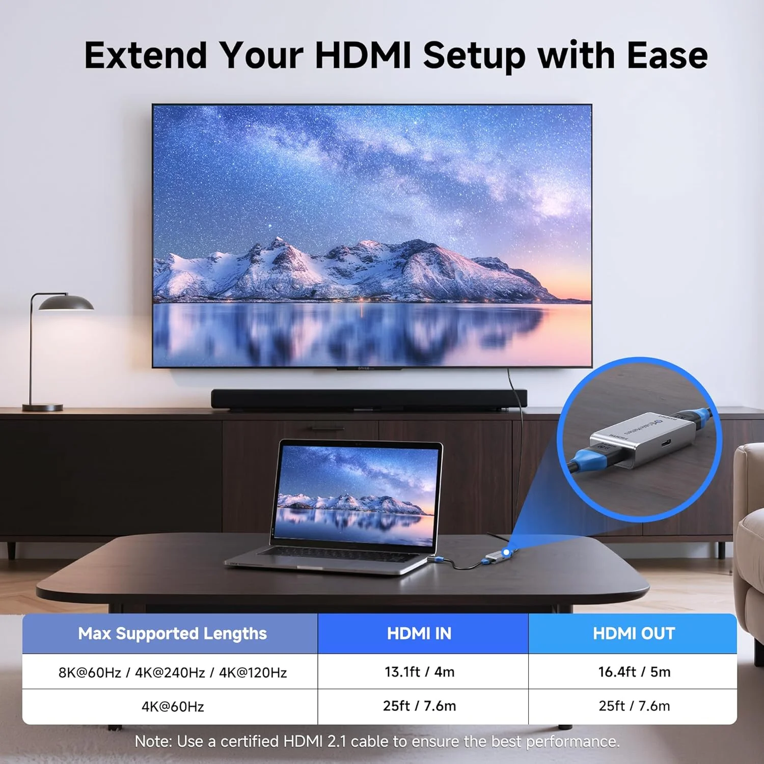 کوپلر اکتیو 8K HDMI 2.1 قابل نصب Cable Matters، پشتیبانی از [8K@60Hz / 4K@240Hz تا 30 فوت، 4K@60Hz تا 50 فوت، HDR] تقویت کننده سیگنال HDMI برای PS5، Xbox Series X/S، RTX 50، RX 9000، Apple TV، پروژکتور