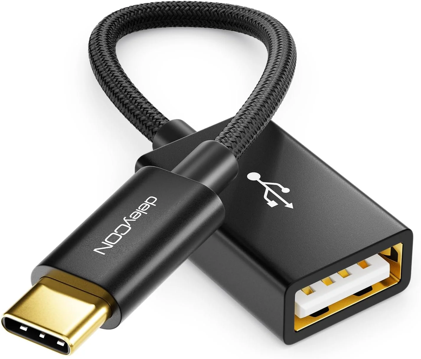 آداپتور OTG دلی کان 0.1 متری USB 2.0 با کابل نایلونی و کانکتور فلزی – کابل داده USB C نر به USB A ماده برای اتصال گوشی هوشمند و تبلت به فلش مموری – مشکی