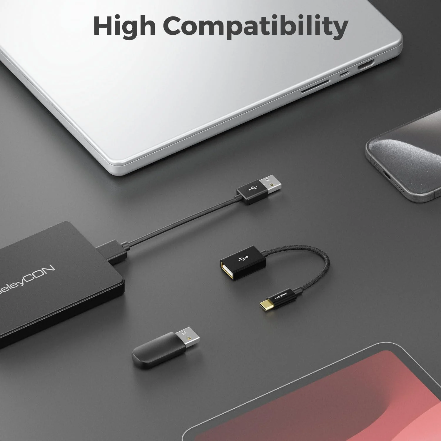 آداپتور OTG دلی کان 0.1 متری USB 2.0 با کابل نایلونی و کانکتور فلزی – کابل داده USB C نر به USB A ماده برای اتصال گوشی هوشمند و تبلت به فلش مموری – مشکی