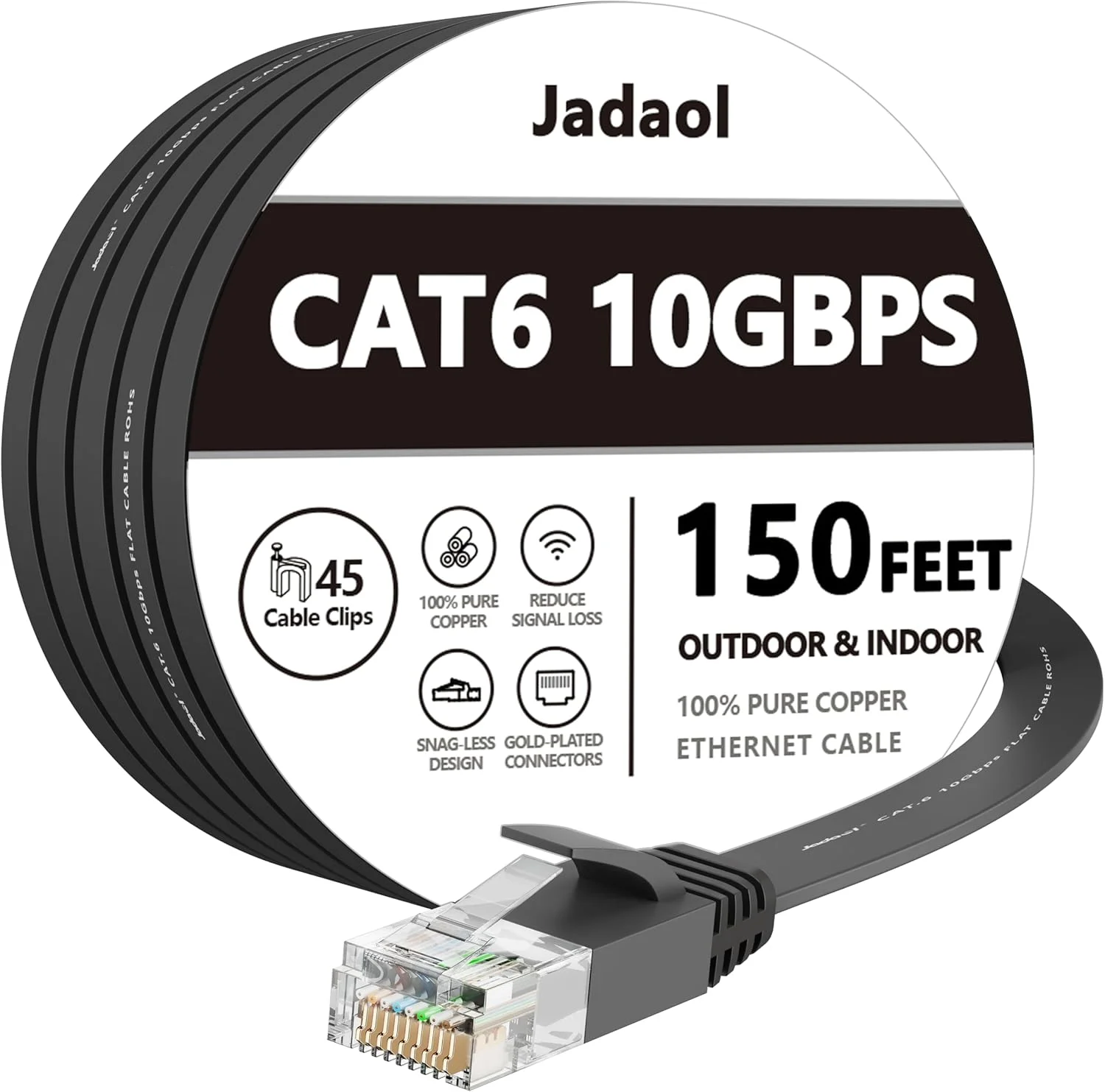 کابل اترنت Cat 6 به طول 45 متر، مناسب فضای داخلی و خارجی، پشتیبانی از شبکه Cat8 Cat7 با سرعت 10 گیگابیت بر ثانیه، کابل شبکه تخت باریک و بلند، کابل ضد آب Cat6 با سرعت بالا برای روتر، مودم، PS4/5، Xbox، گیمینگ، مشکی