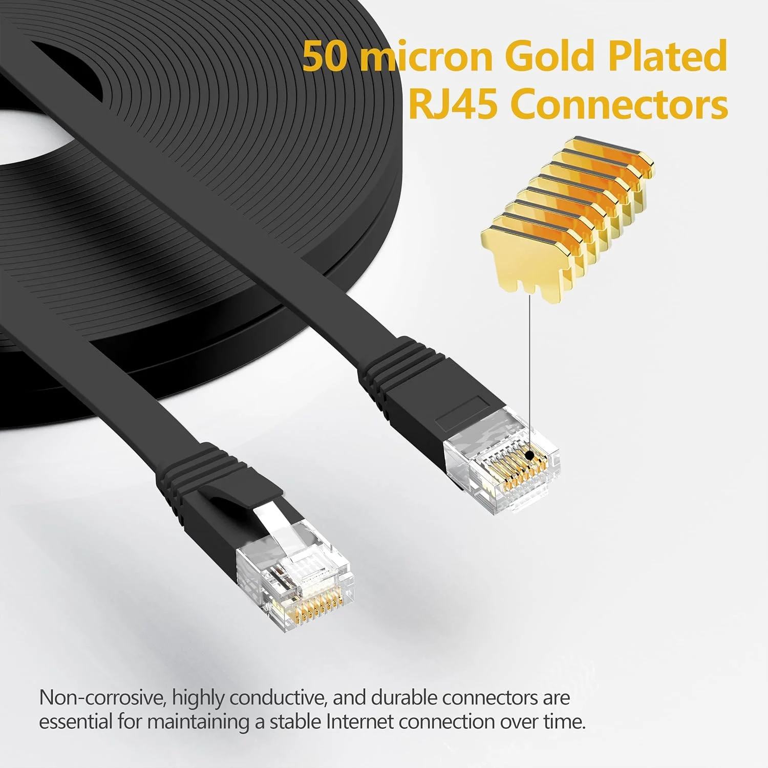 کابل اترنت Cat 6 به طول 45 متر، مناسب فضای داخلی و خارجی، پشتیبانی از شبکه Cat8 Cat7 با سرعت 10 گیگابیت بر ثانیه، کابل شبکه تخت باریک و بلند، کابل ضد آب Cat6 با سرعت بالا برای روتر، مودم، PS4/5، Xbox، گیمینگ، مشکی