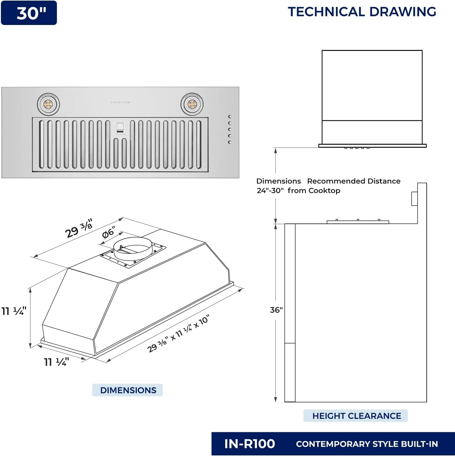 هود آشپزخانه سری شف Hauslane Getue مدل R100 با سایز 30 اینچ | هود توکار/مخفی | استیل ضد زنگ فشرده | فن تخلیه 3 سرعته با نور | فیلتر بافل قابل شستشو در ماشین ظرفشویی | کانال 6 اینچی