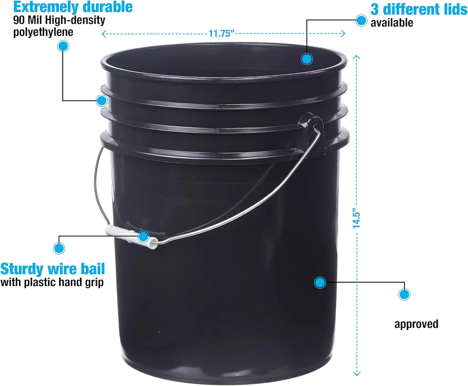 سطل ۵ گالنی ممتاز Hudson Exchange به همراه درب، HDPE، مشکی، بسته ۳ عددی