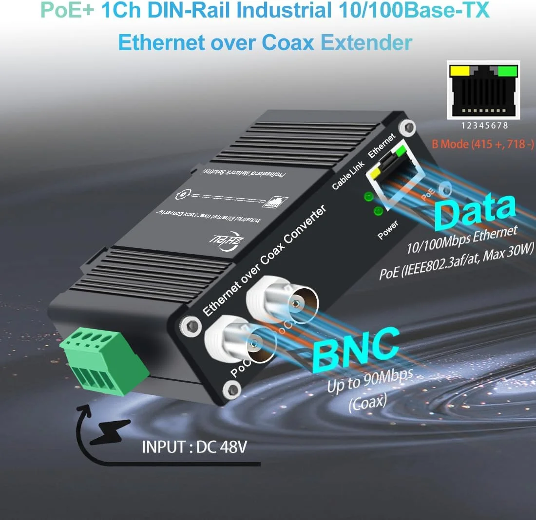 اکستندر صنعتی PoE+ DIN Rail EoC، اترنت از طریق کواکسیال، 10/100 مگابیت بر ثانیه تا 300 متر (900 متر+ زنجیره دیزی)، با خروجی PoE، 2 پورت BNC، ورودی DC 48V، برای دوربین های IP و شبکه های صنعتی اکستندر صنعتی PoE+ DIN Rail EoC، اترنت از طریق کواکسیال، 10/100 مگابیت بر ثانیه تا 300 متر (900 متر+ زنجیره دیزی)، با خروجی PoE، 2 پورت BNC، ورودی DC 48V، برای دوربین های IP و شبکه های صنعتی