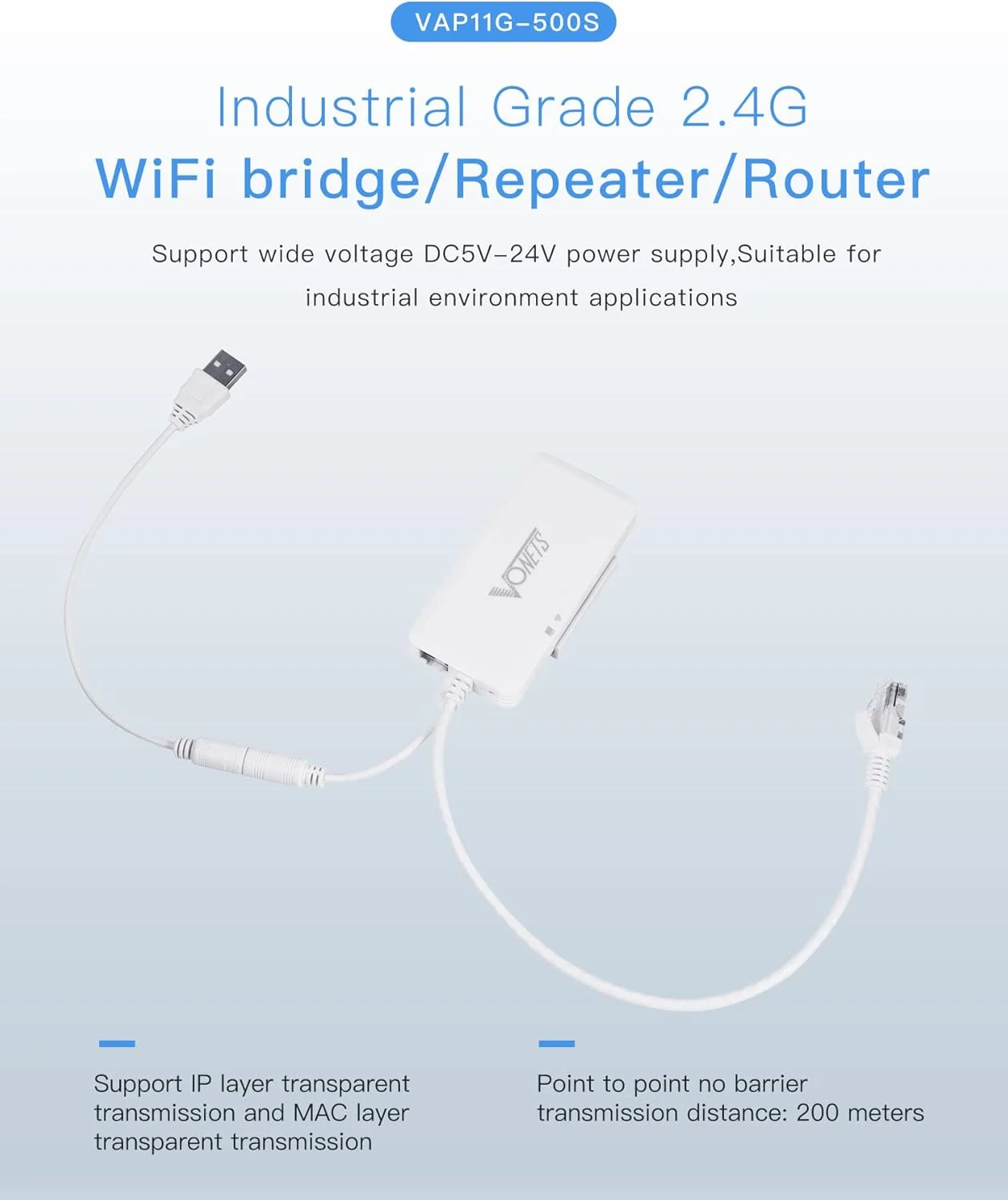 تکرار کننده/پل بی‌سیم وای‌فای 2.4 گیگاهرتز VONETS، توسعه‌دهنده روتر/اتصال اترنت، پوشش سیگنال وای‌فای/نقطه اتصال، 2 پورت RJ45 برای چاپگر شبکه، PLC صنعتی، دستگاه‌های شبکه IoT مدل VAP11G-500S