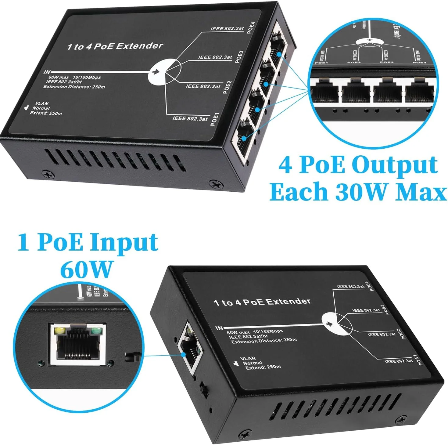 تقویت کننده PoE چهار پورت 60W Revotech، دارای 3 حالت، تکرار کننده PoE+ فلزی با 1 ورودی و 4 خروجی، خروجی PoE+ 30W 802.3af، ورودی 60W 802.3BT، توسعه PoE 100m/250m برای دستگاه PoE، Plug and Play (POE5004-V2)