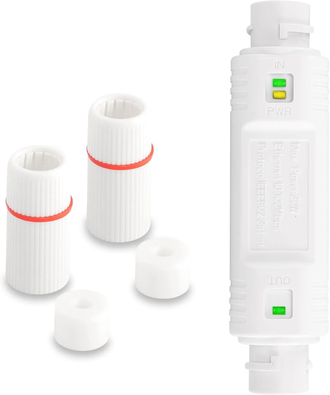 تکرار کننده PoE ضد آب SinLoon IP67 با قابلیت افزایش طول 100/250 متری، سرعت 10/100 مگابیت بر ثانیه، تکرار کننده PoE اترنت RJ45 برای دوربین های مداربسته، نصب آسان (سفید)