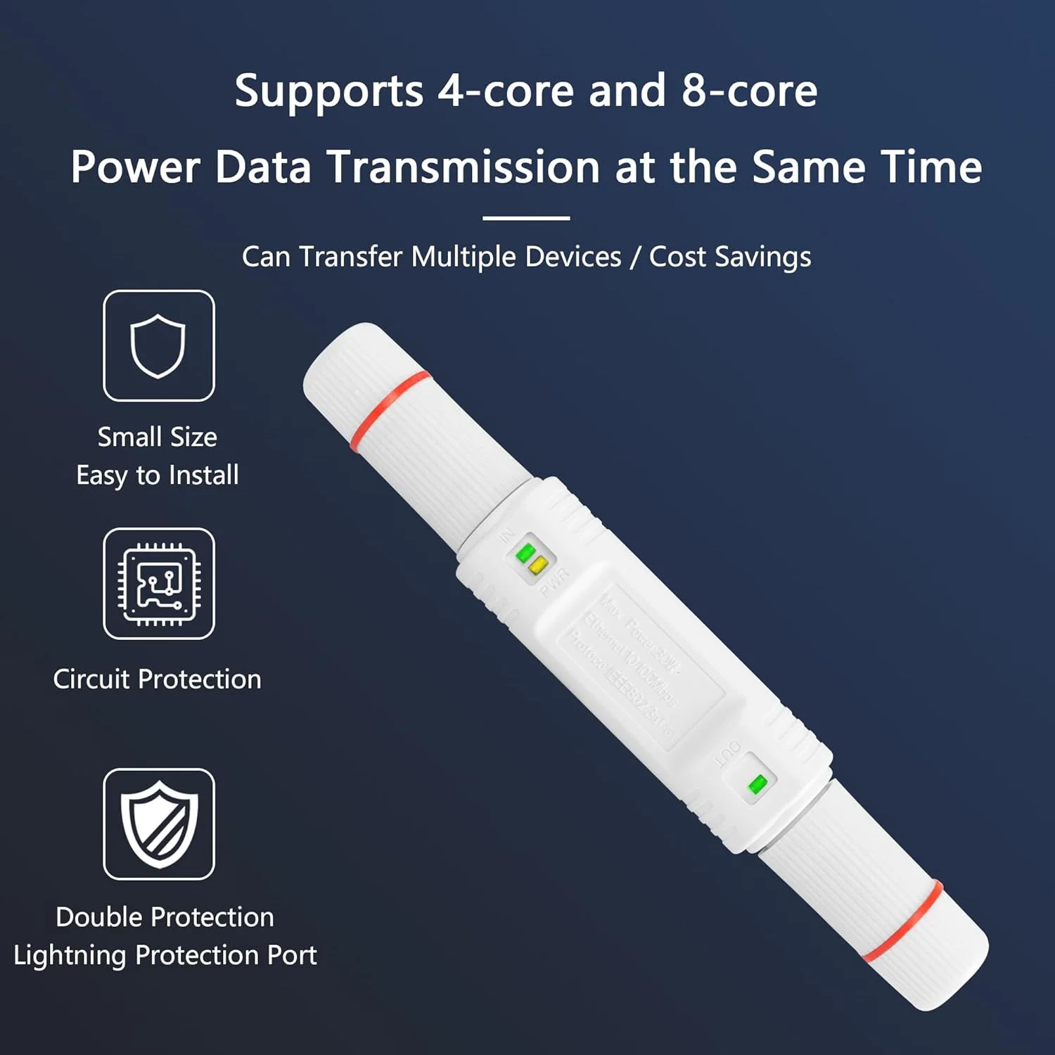 تکرار کننده PoE ضد آب SinLoon IP67 با قابلیت افزایش طول 100/250 متری، سرعت 10/100 مگابیت بر ثانیه، تکرار کننده PoE اترنت RJ45 برای دوربین های مداربسته، نصب آسان (سفید)