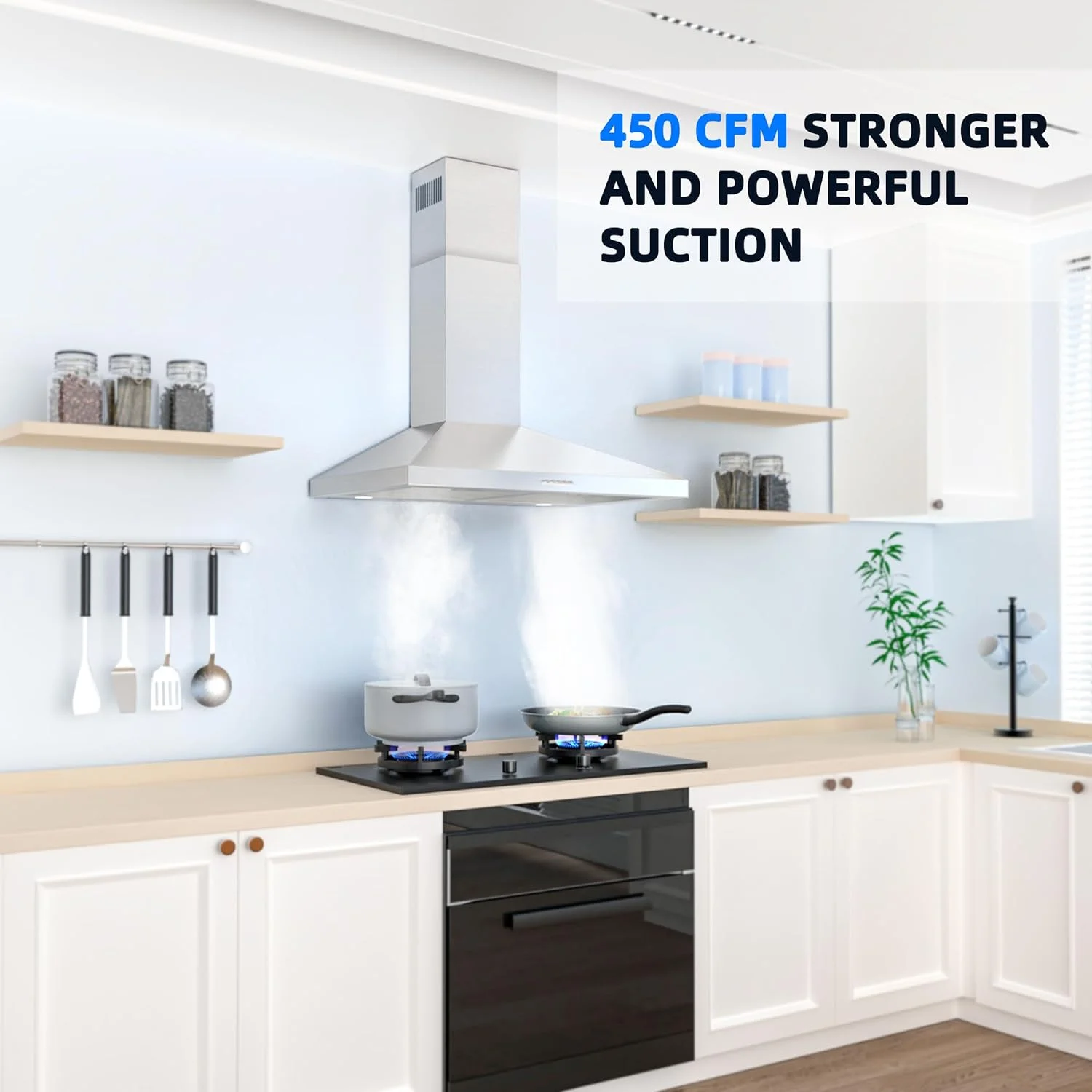 هود آشپزخانه دیواری Firegas سایز 30 اینچ، هود تهویه استیل ضد زنگ با فن اگزوز 3 سرعته، فیلترهای توری آلومینیومی، کانال قابل تبدیل با/بدون کانال، دکمه فشاری، جریان هوای کارآمد، فیلتر ذغالی