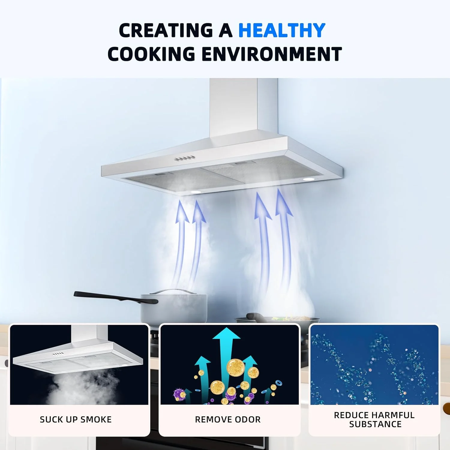 هود آشپزخانه دیواری Firegas سایز 30 اینچ، هود تهویه استیل ضد زنگ با فن اگزوز 3 سرعته، فیلترهای توری آلومینیومی، کانال قابل تبدیل با/بدون کانال، دکمه فشاری، جریان هوای کارآمد، فیلتر ذغالی