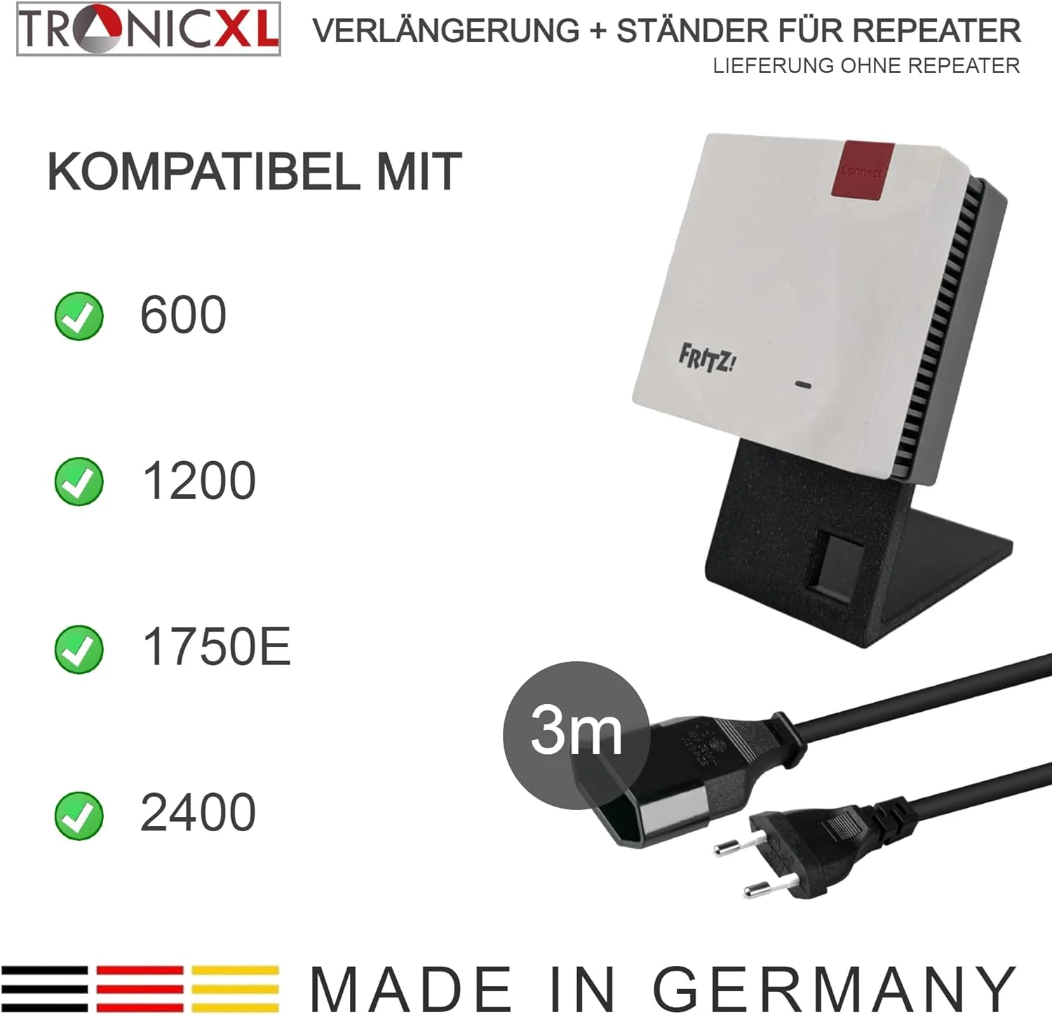 ترونیک XL کابل افزایش طول 3 متری + پایه نگهدارنده سازگار با تکرار کننده وای فای فریتز 600 1200 1750E 2400 AVM فریتز! پایه نگهدارنده 300 سانتی متری