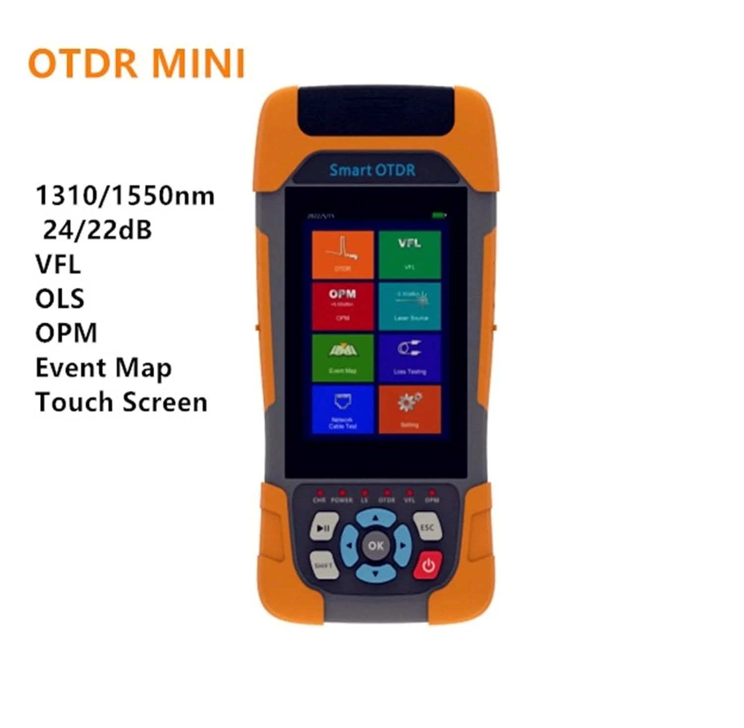 بازتاب‌سنج فیبر نوری MINI 1310/1550nm 24/22dB با صفحه لمسی، OLS، OPM، نقشه رویداد و تستر کابل اترنت (A)