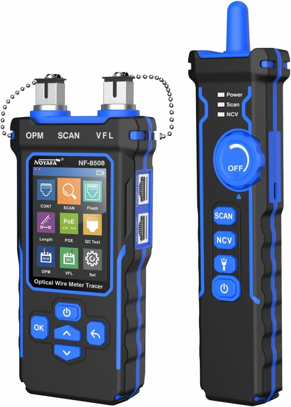 تستر کابل، ردیاب سیم نوری دیجیتال LCD، یابنده خط شبکه، بررسی کننده چند منظوره PoE با عملکردهای OPM/VFL/CONT/SCAN/Illuminate