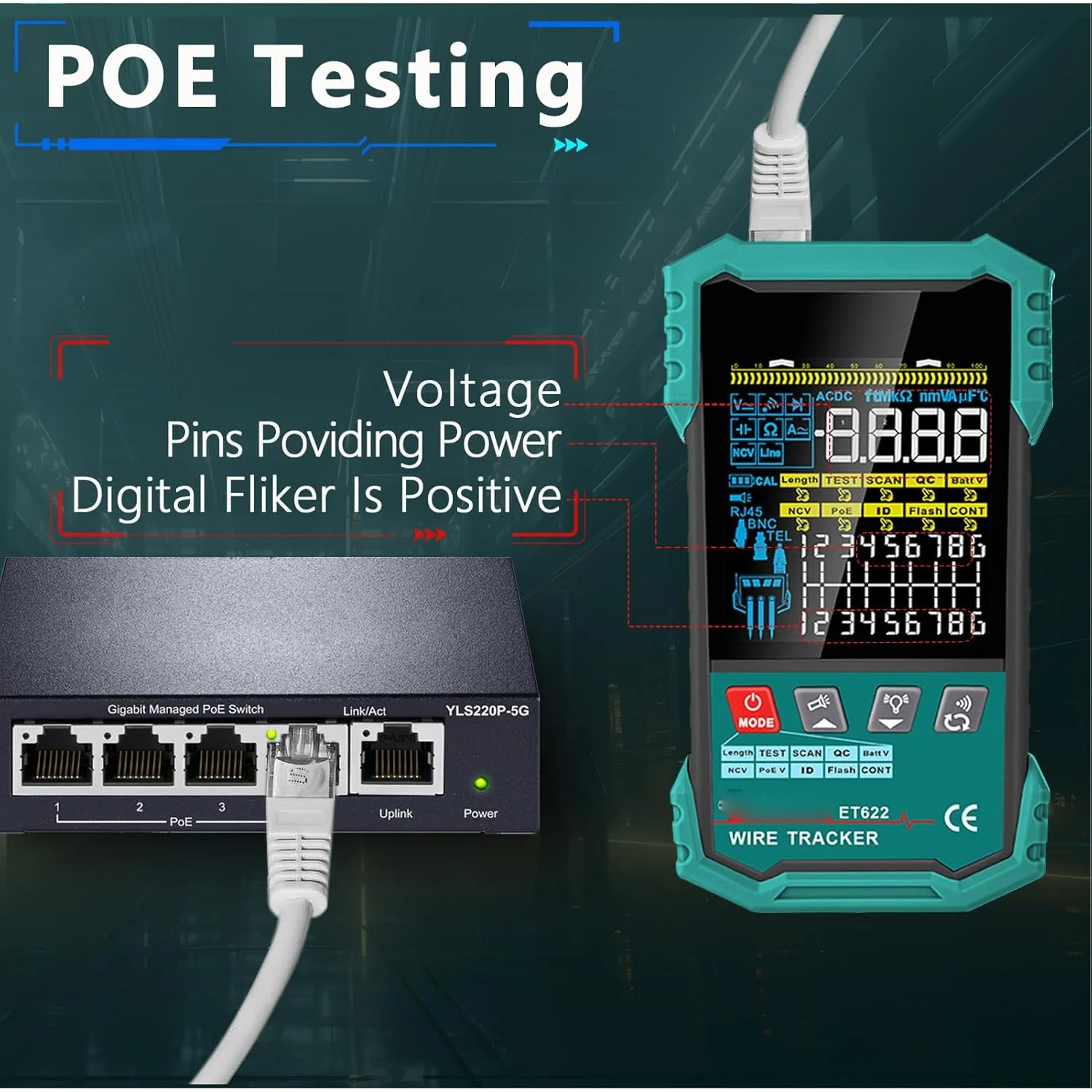 تستر کابل شبکه Asixxsix، تستر اترنت با PoE NCV RJ11 RJ45 LAN CAT5 CAT6، ردیاب سیم، مکان یاب خطا، چراغ قوه، طول قابل اندازه گیری 400 متری، یاب خط تلفن، تعمیرات خانگی