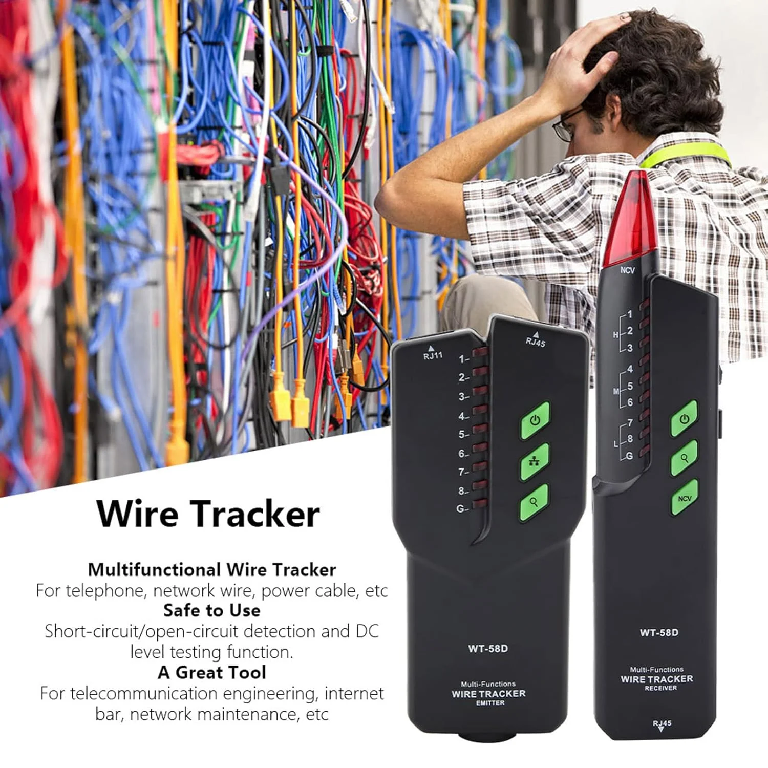 ردیاب سیم کابل شبکه WT-58D، تستر نقطه شکست چند منظوره دستی، ردیاب سیم تلفن، یاب خط، تونر کابل با موقعیت یابی سریع