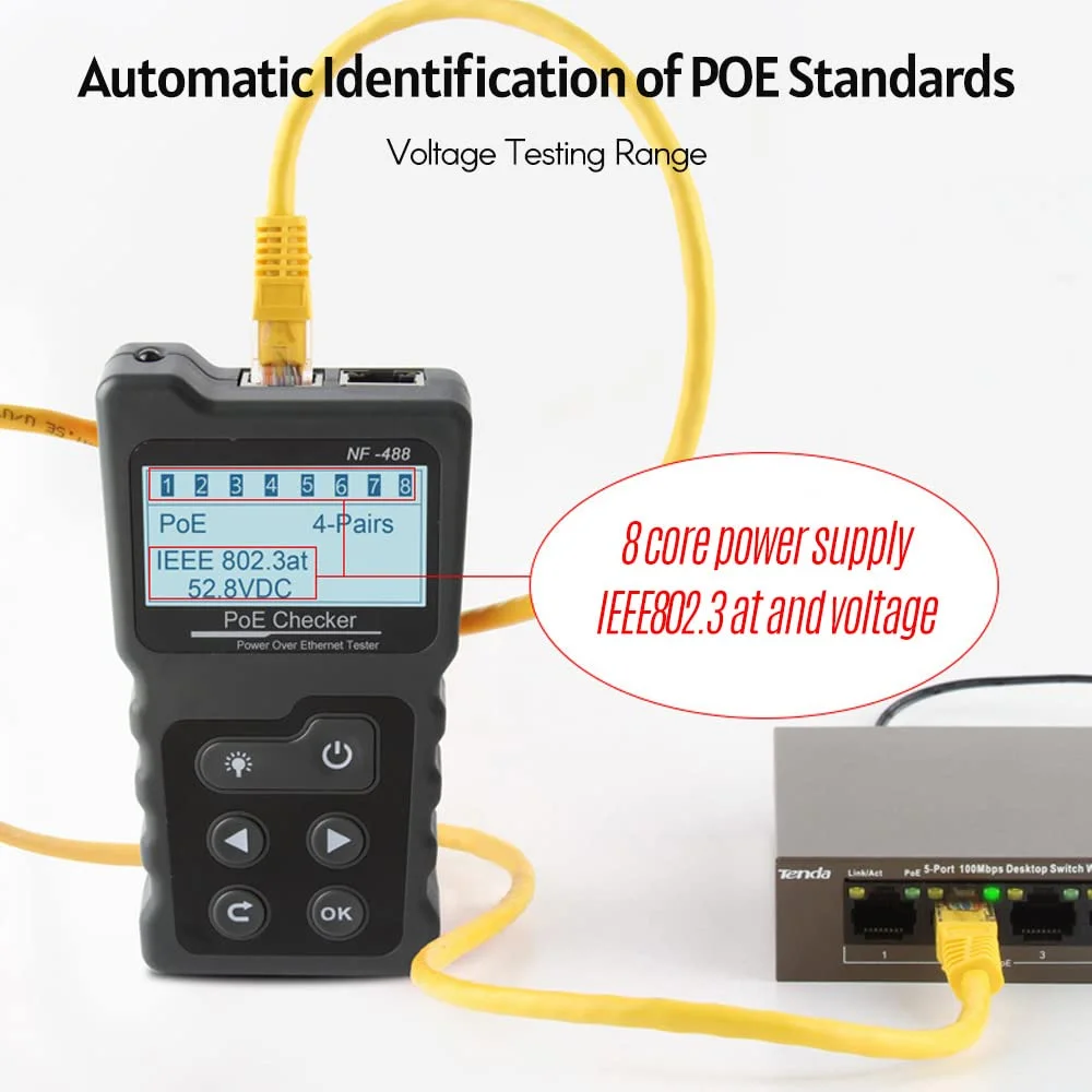 NF-488 تستر PoE، ردیاب کابل شبکه، تستر پیوستگی کابل شبکه RJ45 با تست حلقه/تست برق/عملکرد نور NF-488 تستر PoE، ردیاب کابل شبکه، تستر پیوستگی کابل شبکه RJ45 با تست حلقه/تست برق/عملکرد نور