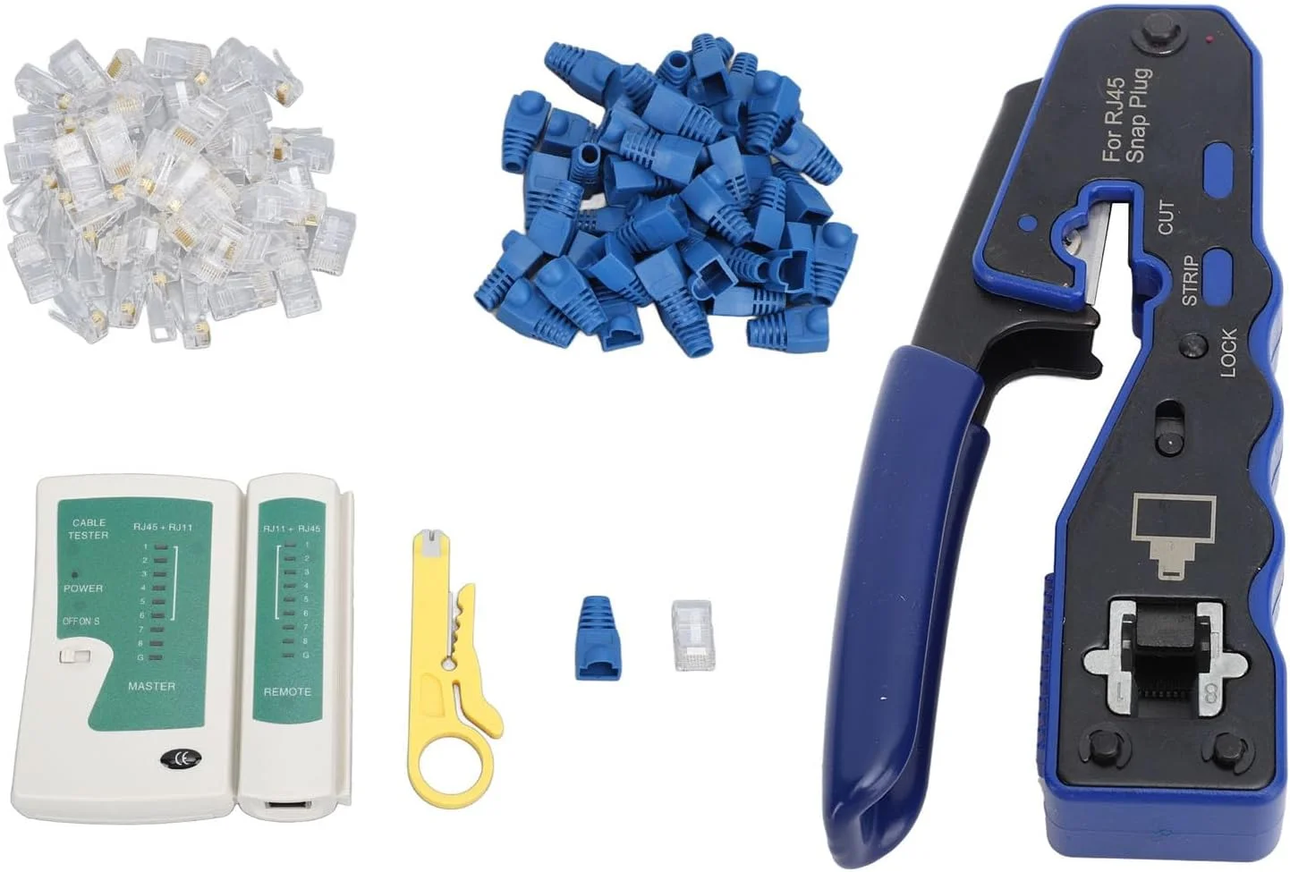 کیت تست کابل شبکه RJ45 به همراه انبر پرس، ابزار تست سیم اترنت، دارای عملکردهای یکپارچه برش و لخت کردن، 50 عدد سوکت 8P8C، مناسب برای کابل های Cat5 Cat5e Cat6