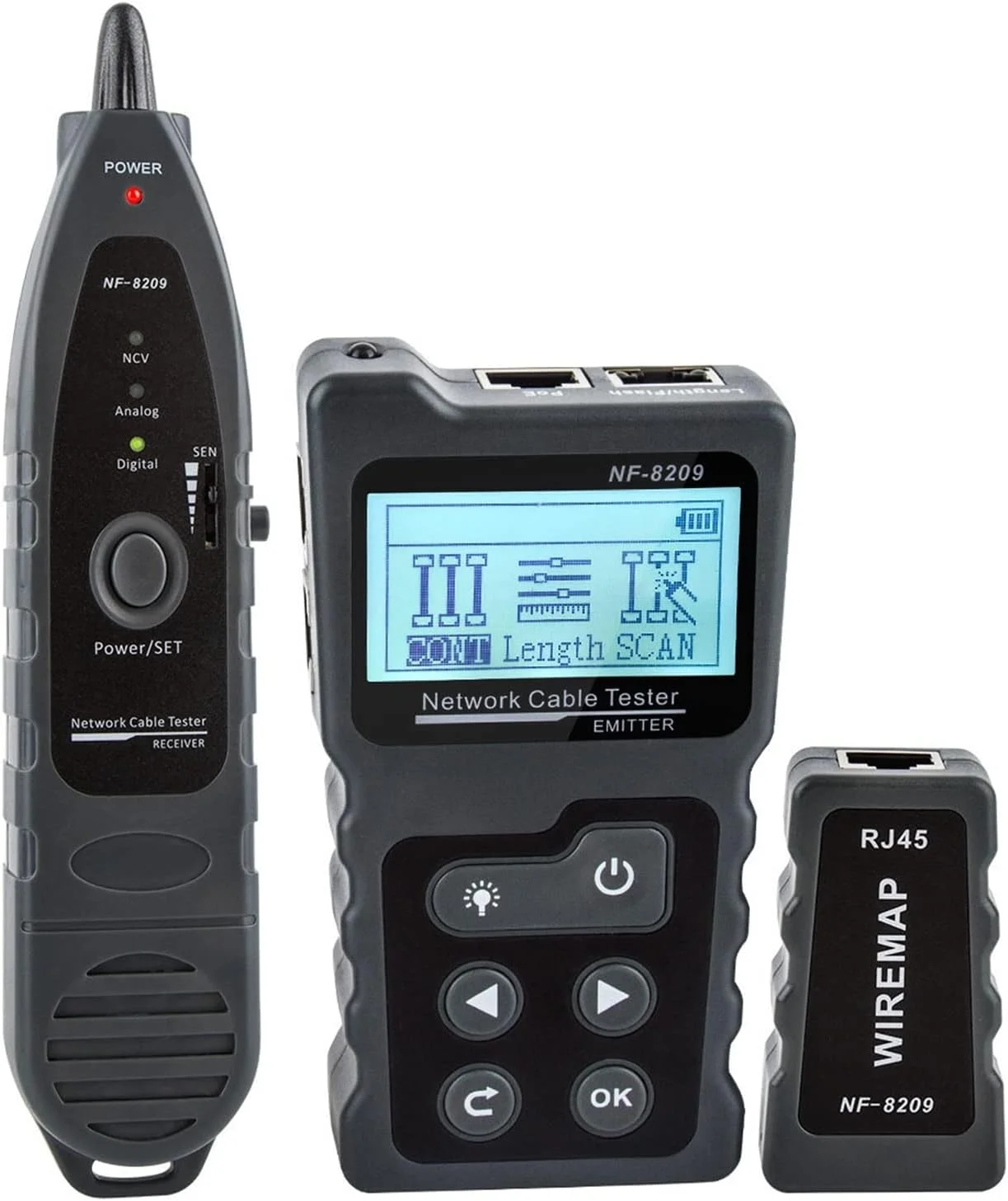 فیبر کلیور NF-8209 تستر کابل اینترنت با صفحه نمایش LCD، اندازه گیری طول کابل RJ45، ردیاب کابل UTP، تستر چند منظوره ابزار شبکه (رنگ: NF-8209)