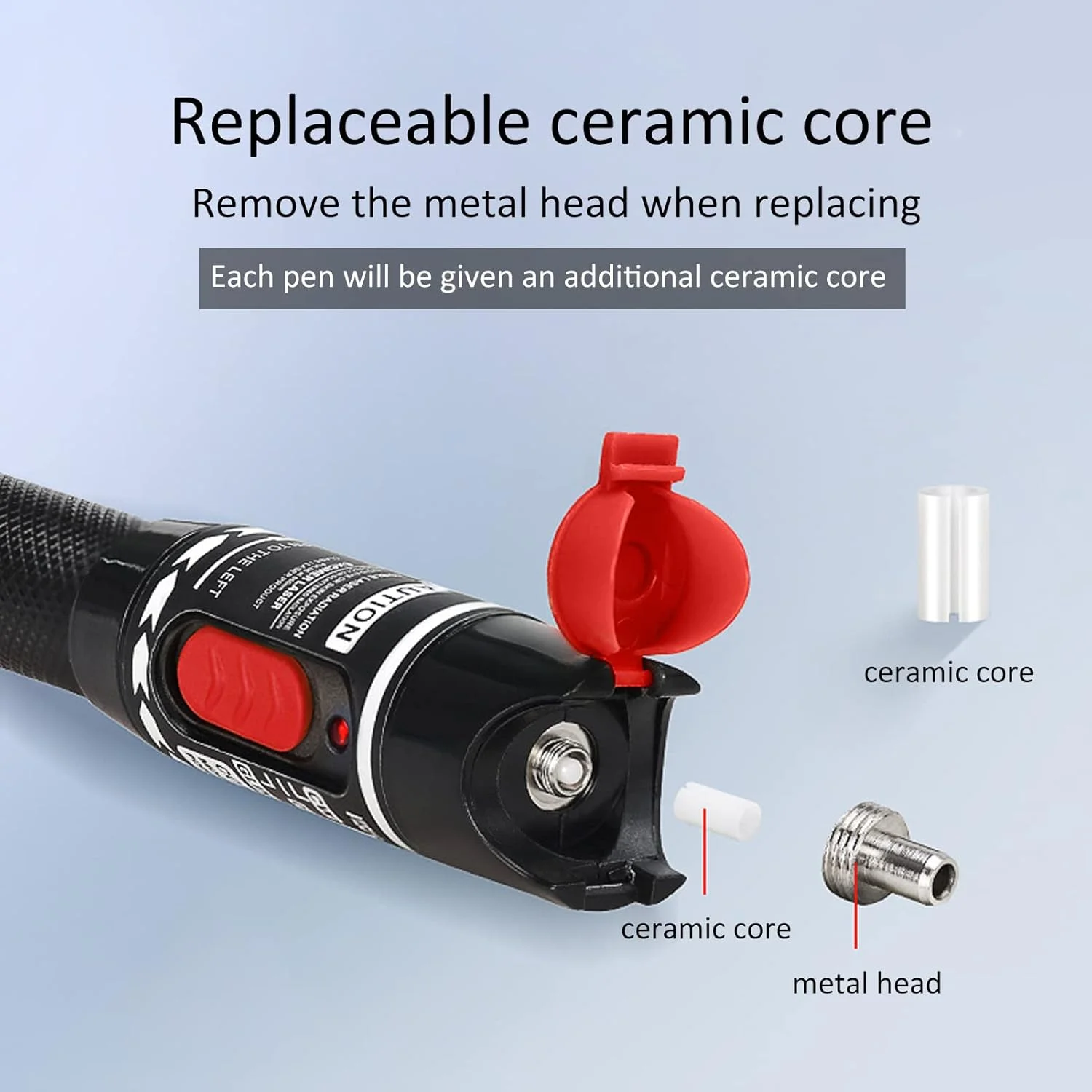 قلم نور قرمز VFL کیوئی 50MW 50KM، تستر منبع نور فیبر نوری VFL، کانکتور جهانی قلم نور قرمز غیر تماسی آلیاژ آلومینیوم، آشکارساز تستر منبع فیبر نوری برای تست کابل شبکه