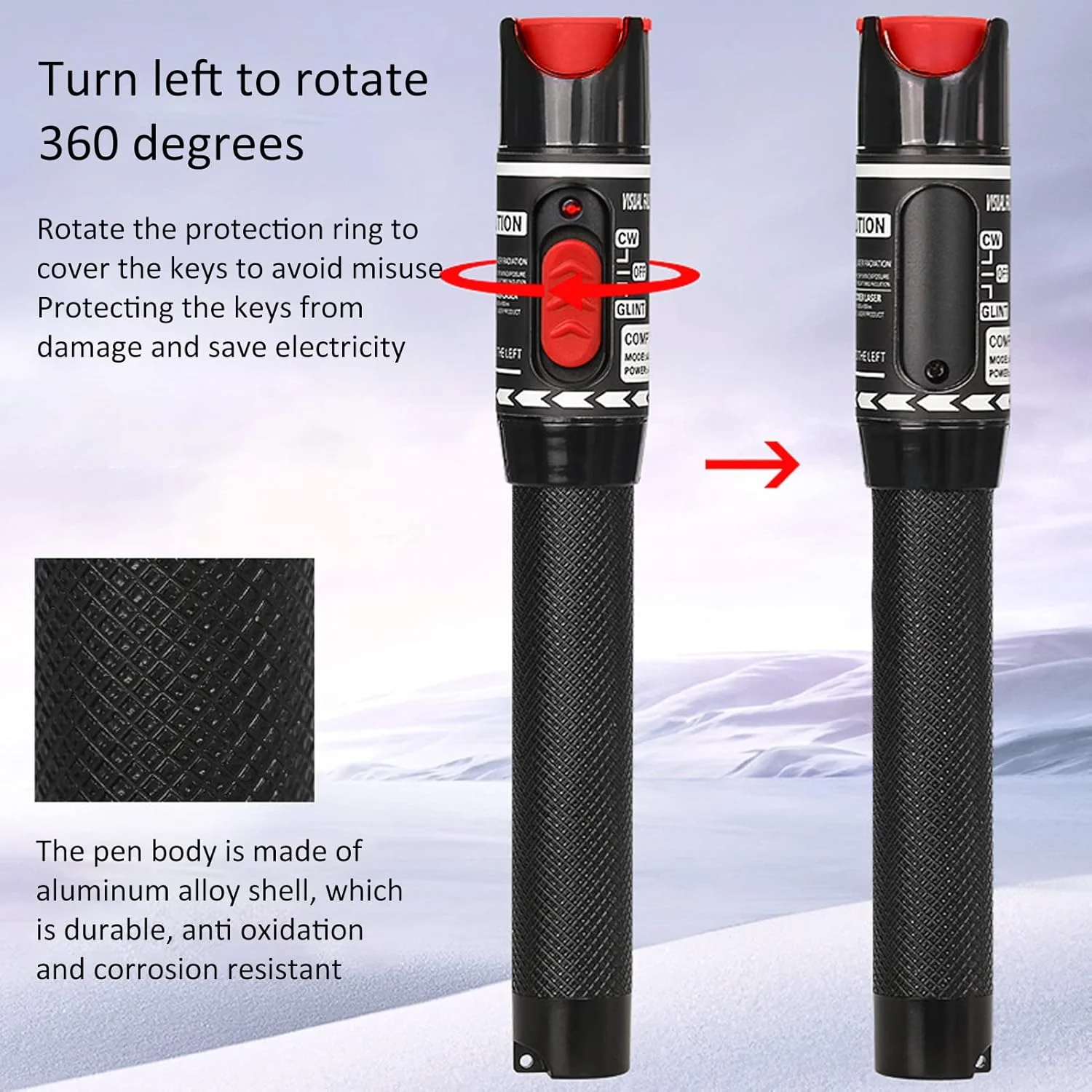 قلم نور قرمز VFL کیوئی 50MW 50KM، تستر منبع نور فیبر نوری VFL، کانکتور جهانی قلم نور قرمز غیر تماسی آلیاژ آلومینیوم، آشکارساز تستر منبع فیبر نوری برای تست کابل شبکه