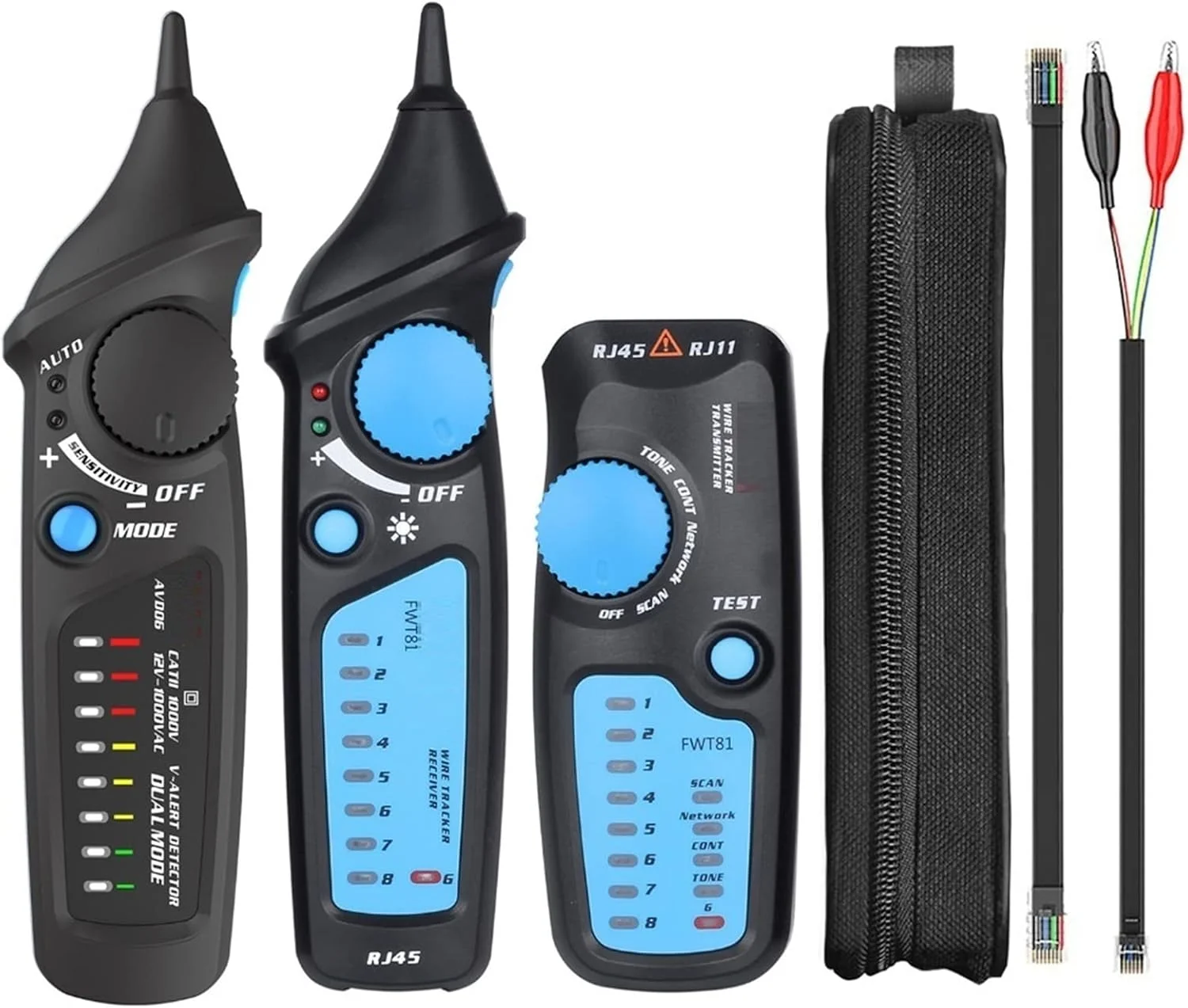 تستر فیبر نوری DOKGRYD مدل FWT81، ردیاب کابل RJ45 RJ11، یابنده خطوط تلفن، شبکه LAN، تلویزیون و خطوط برق + تستر ولتاژ دو حالته AVD06