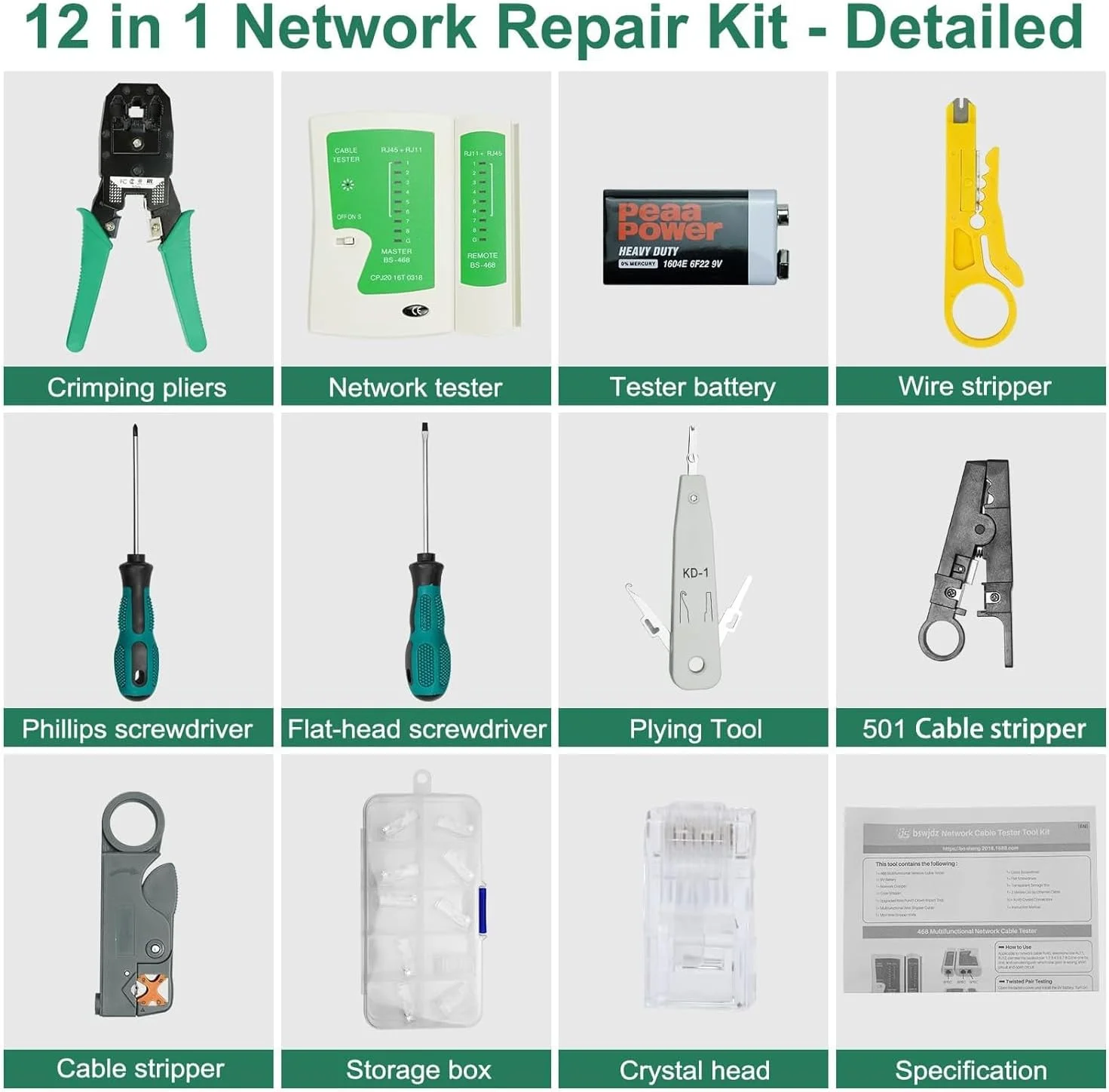 مجموعه ابزار تعمیرات شبکه ELEUTH RJ45، ابزار حرفه ای نگهداری شبکه کامپیوتر LAN، مجموعه ابزار تعمیر 12 در 1