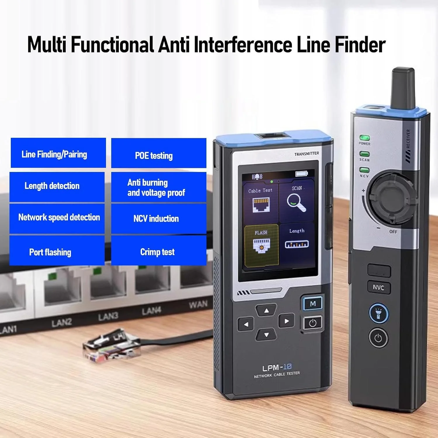 تستر کابل اترنت Eujgoov برای RJ45 RJ11 با قابلیت تشخیص خط، تست طول و بررسی اتصال