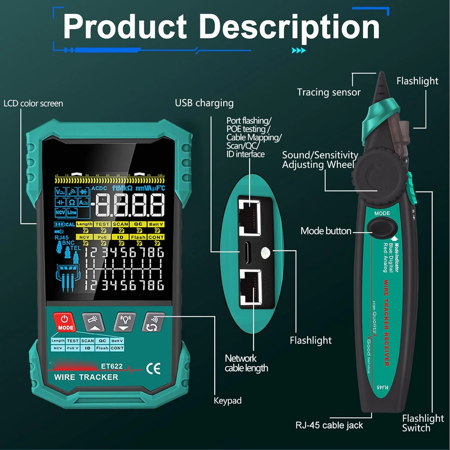 تستر کابل شبکه Eujgoov، ردیاب سیم RJ45 RJ11 با قابلیت تست طول 400 متری، تشخیص POE NCV و پورت اسکن