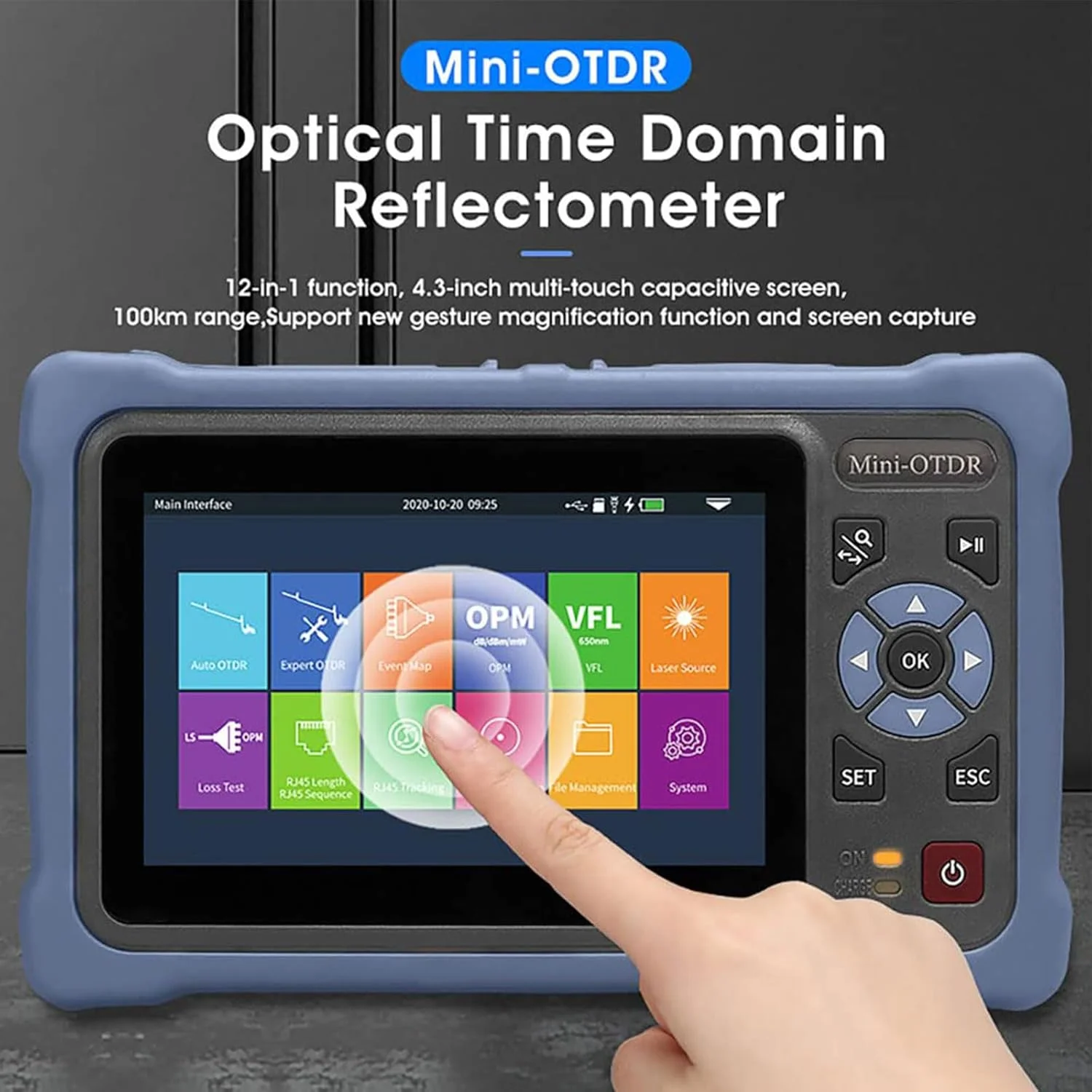 تستر فیبر نوری FAcoLL OTDR، رفلکتومتر فیبر نوری 1310/1550 نانومتر 26/24dB با صفحه لمسی 4.3 اینچی، ابزار تست کابل شبکه تستر کابل اترنت