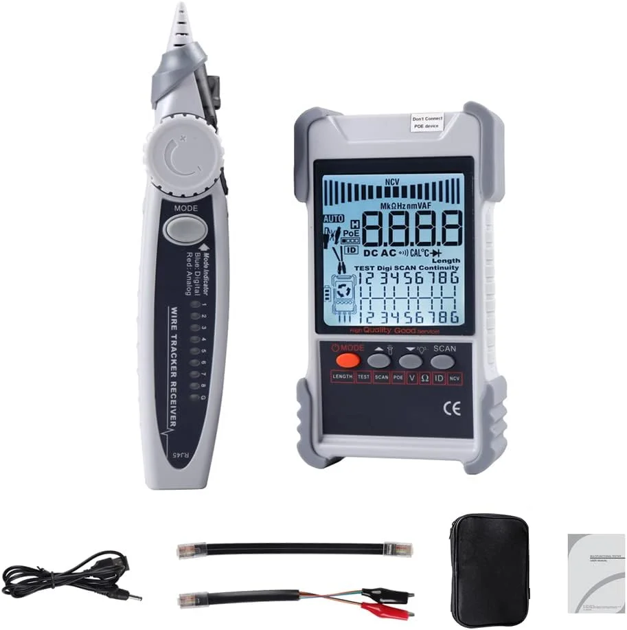 تستر کابل شبکه قابل حمل Fawoonu ET616 با صفحه نمایش LCD، جستجوی آنالوگ و دیجیتال، تست POE، جفت یابی کابل، حساسیت قابل تنظیم، اندازه گیری طول کابل شبکه، اتصال کوتاه و مدار باز