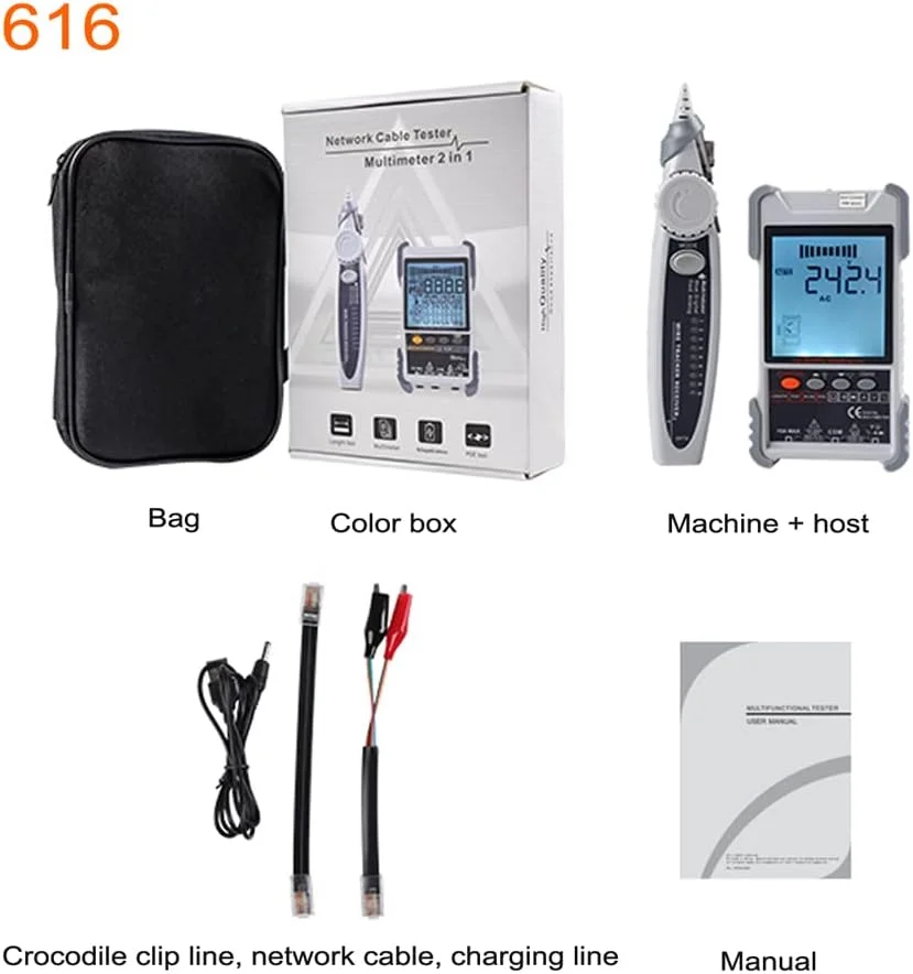 تستر کابل شبکه قابل حمل Fawoonu ET616 با صفحه نمایش LCD، جستجوی آنالوگ و دیجیتال، تست POE، جفت یابی کابل، حساسیت قابل تنظیم، اندازه گیری طول کابل شبکه، اتصال کوتاه و مدار باز