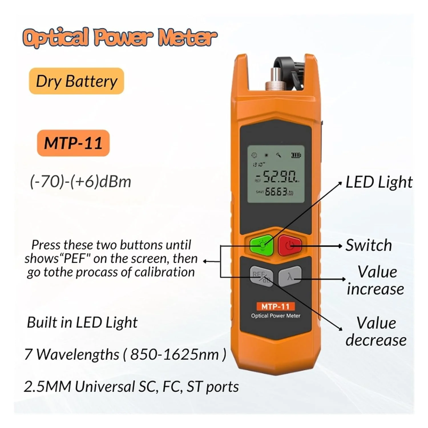 توان سنج فیبر نوری کوچک OPM مدل MTP-11-A-G، تستر کابل فیبر نوری، ابزار FTTH فیبر نوری -70~6dBm توان سنج فیبر نوری کوچک OPM مدل MTP-11-A-G، تستر کابل فیبر نوری، ابزار FTTH فیبر نوری -70~6dBm
