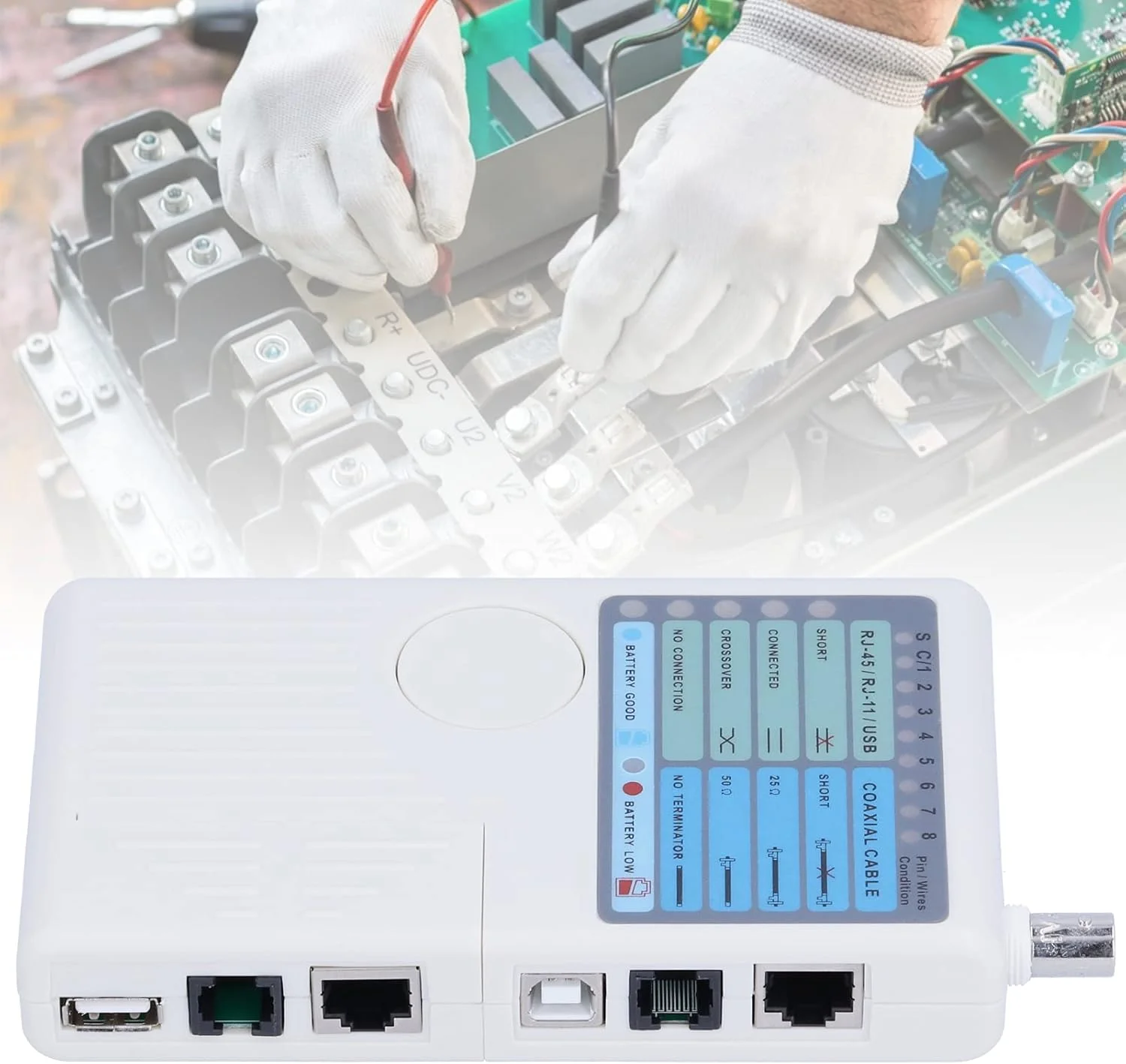 تستر کابل شبکه فولانی، تستر شبکه 4 در 1 RJ11/RJ45/USB/BNC ابزار شبکه چند منظوره برای خطوط تلفن/کابل های شبکه/کابل های USB/کابل های BNC