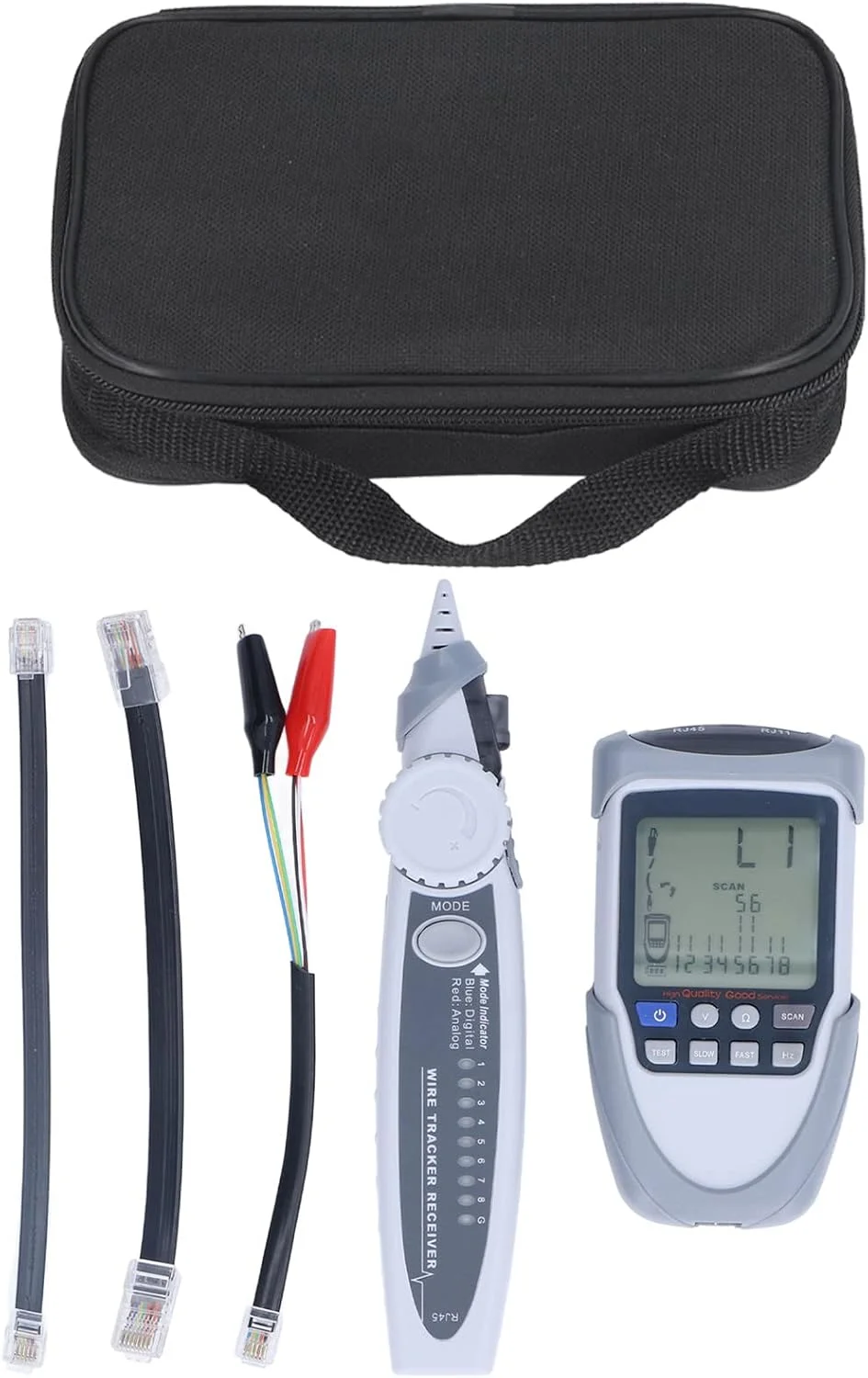 تستر کابل شبکه LCD با عملکرد POE، تستر کابل اترنت، ردیاب خط، تست پیوستگی، ولتاژ باتری، بررسی قطبیت، تستر کابل چند منظوره با کیف نگهداری