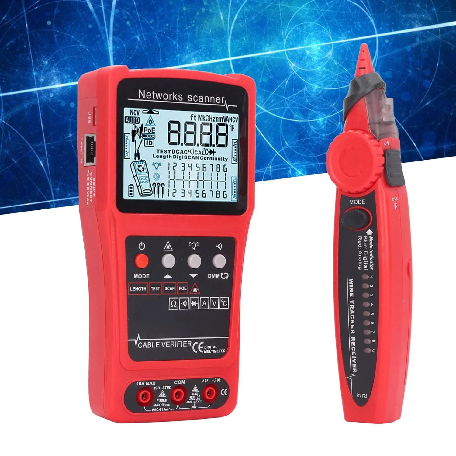 تستر کابل، ردیاب سیم، آشکارساز شبکه، یاب خط اترنت دیجیتال LCD دم بلند، کیت ابزار مولتی متر تستر کابل، ردیاب سیم، آشکارساز شبکه، یاب خط اترنت دیجیتال LCD دم بلند، کیت ابزار مولتی متر