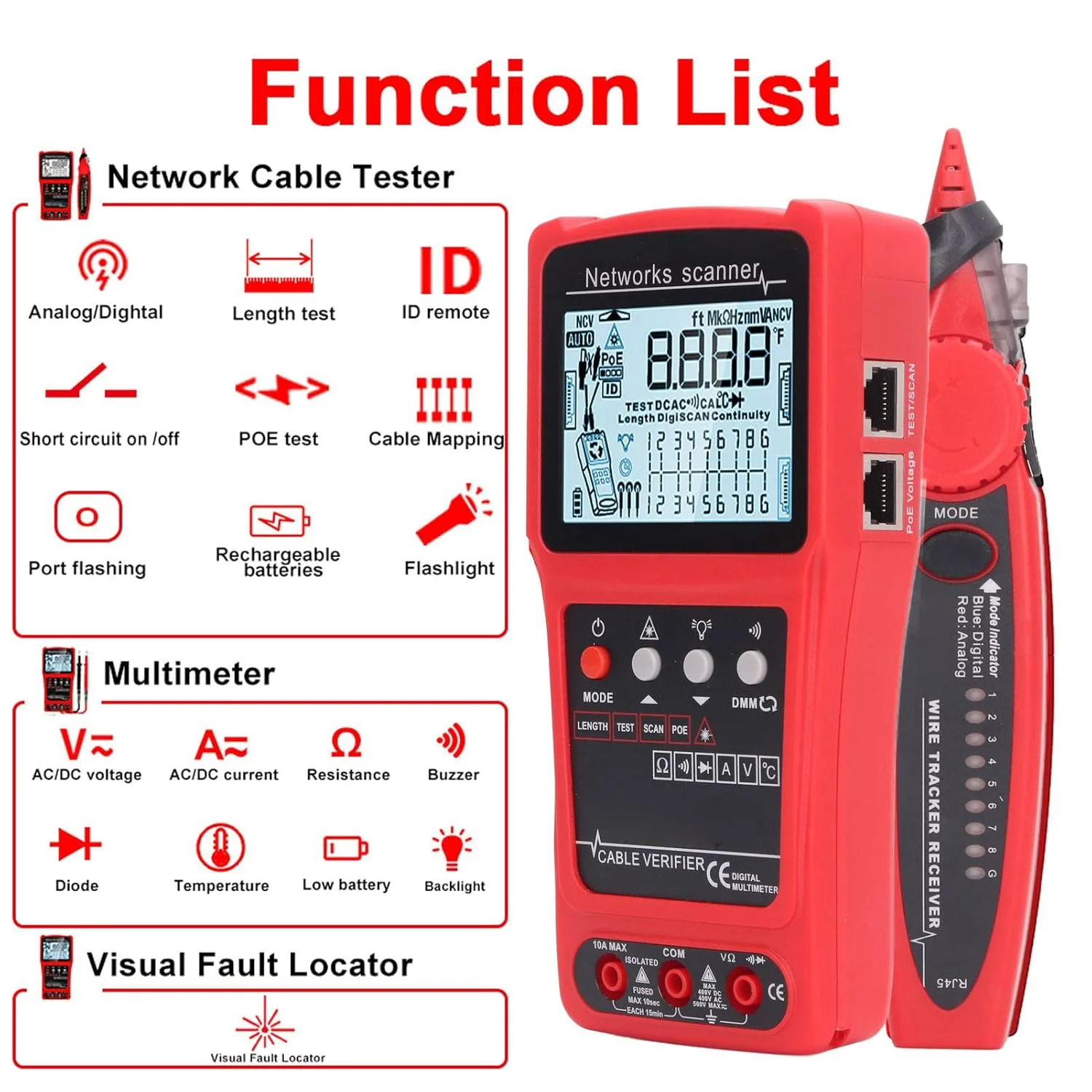 تستر کابل، ردیاب سیم، آشکارساز شبکه، یاب خط اترنت دیجیتال LCD دم بلند، کیت ابزار مولتی متر تستر کابل، ردیاب سیم، آشکارساز شبکه، یاب خط اترنت دیجیتال LCD دم بلند، کیت ابزار مولتی متر