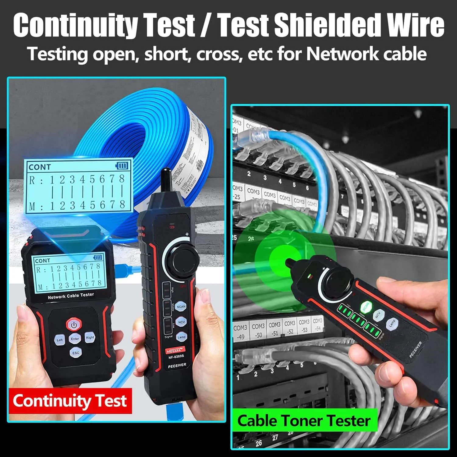 دستگاه ردیاب کابل شبکه GeRRiT، ابزار تست شبکه، نمایشگر LCD، اندازه گیری طول، تست سیم کشی