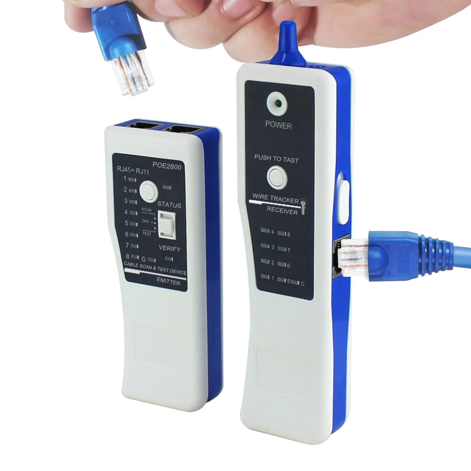 دستگاه تست کابل شبکه گلوکلاز، ردیاب سیم LAN اترنت، ردیاب خط تلفن، تست PoE با کیف و چراغ LED برای RJ45 RJ11 Cat5 Cat6 UTP تلفن (عملکرد با باتری)