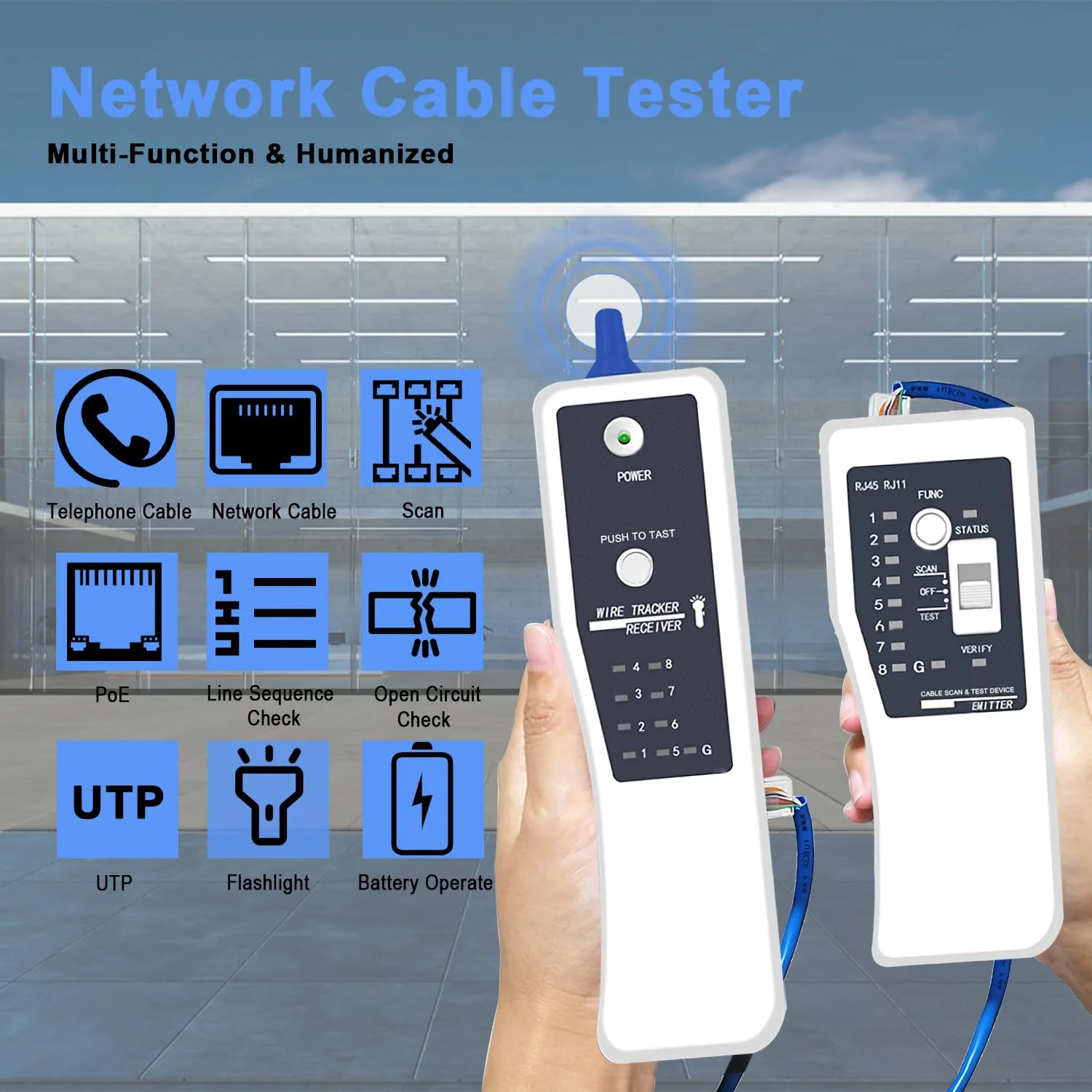 دستگاه تست کابل شبکه گلوکلاز، ردیاب سیم LAN اترنت، ردیاب خط تلفن، تست PoE با کیف و چراغ LED برای RJ45 RJ11 Cat5 Cat6 UTP تلفن (عملکرد با باتری)