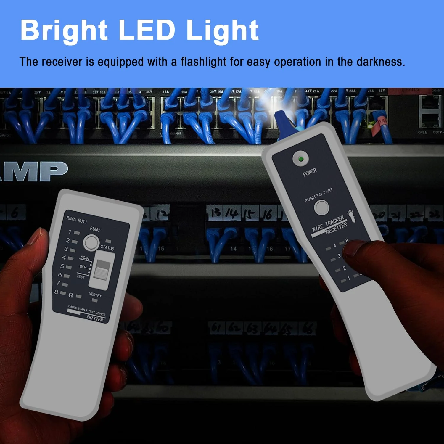 دستگاه تست کابل شبکه گلوکلاز، ردیاب سیم LAN اترنت، ردیاب خط تلفن، تست PoE با کیف و چراغ LED برای RJ45 RJ11 Cat5 Cat6 UTP تلفن (عملکرد با باتری)