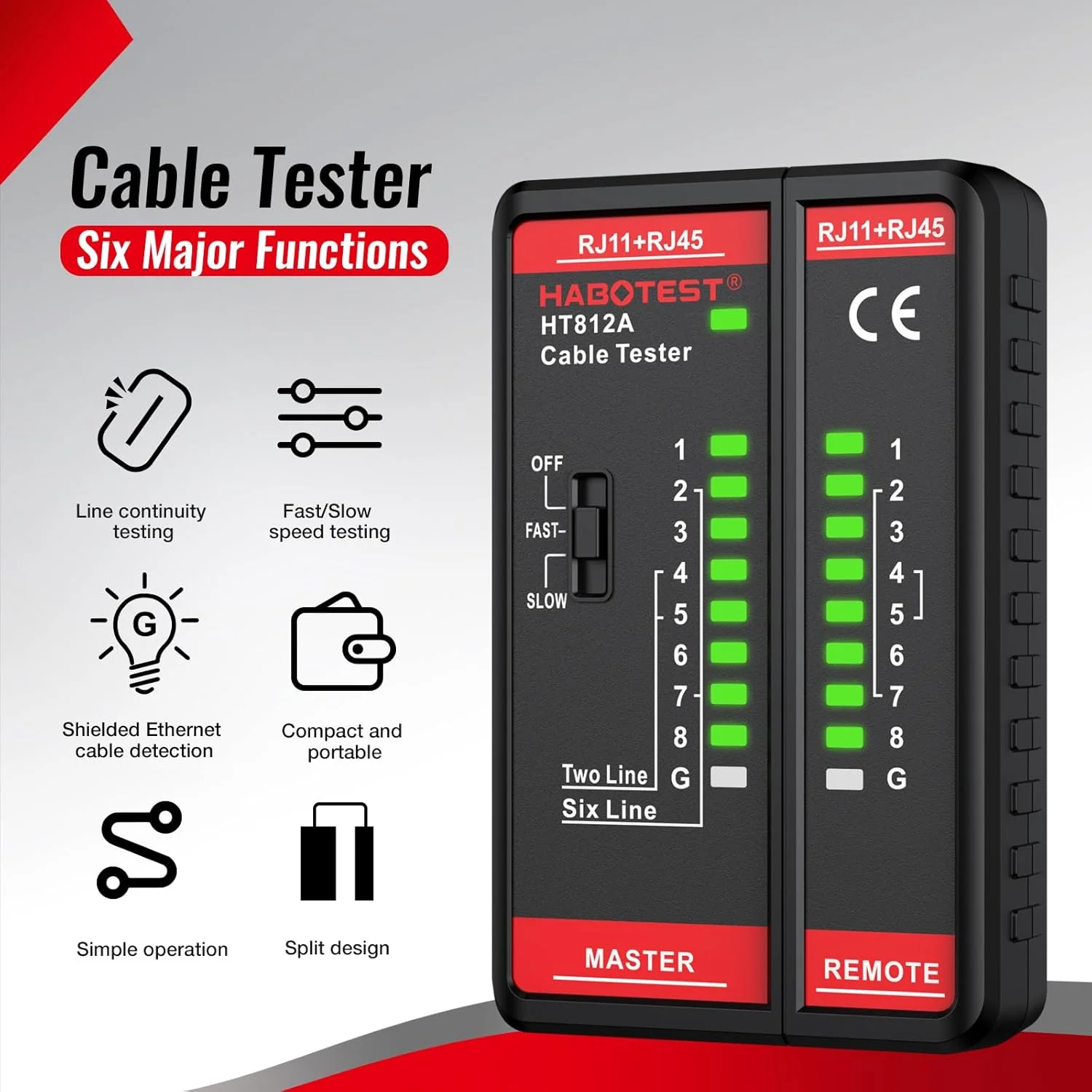 تستر کابل شبکه HABOTEST HT812A با پورت RJ45 RJ11، ابزار تست کابل اترنت، بلندگو، کواکسیال، ویدئو و داده با سرعت بالا/پایین، تست پیوستگی خط تلفن کابل 60 ولت برای CAT5/CAT5E/CAT6/CAT6A