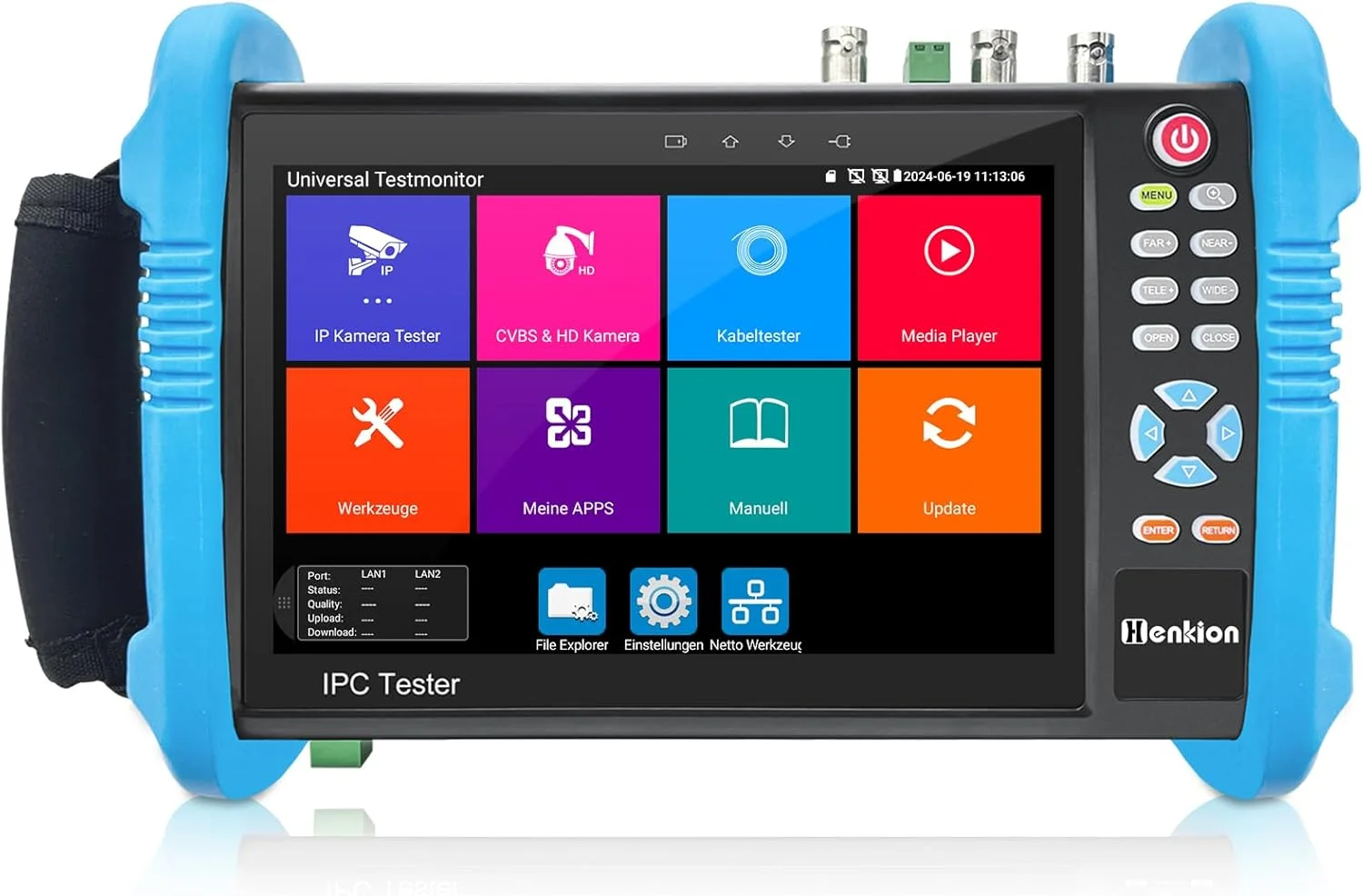 ابزار تست Henkion 7" IPS Touch IPC-9800ADHS Pro دوربین مداربسته، پشتیبانی از 8K و 4K 8MP HD-TVI CVI AHD SDI IP، تستر کابل شبکه، پشتیبانی از POE HDMI VGA WiFi RS485