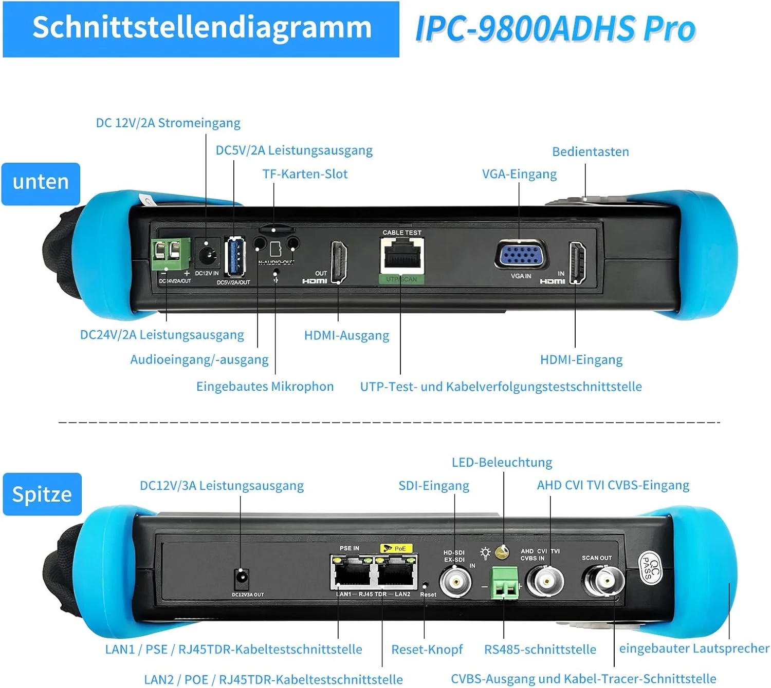 ابزار تست Henkion 7" IPS Touch IPC-9800ADHS Pro دوربین مداربسته، پشتیبانی از 8K و 4K 8MP HD-TVI CVI AHD SDI IP، تستر کابل شبکه، پشتیبانی از POE HDMI VGA WiFi RS485